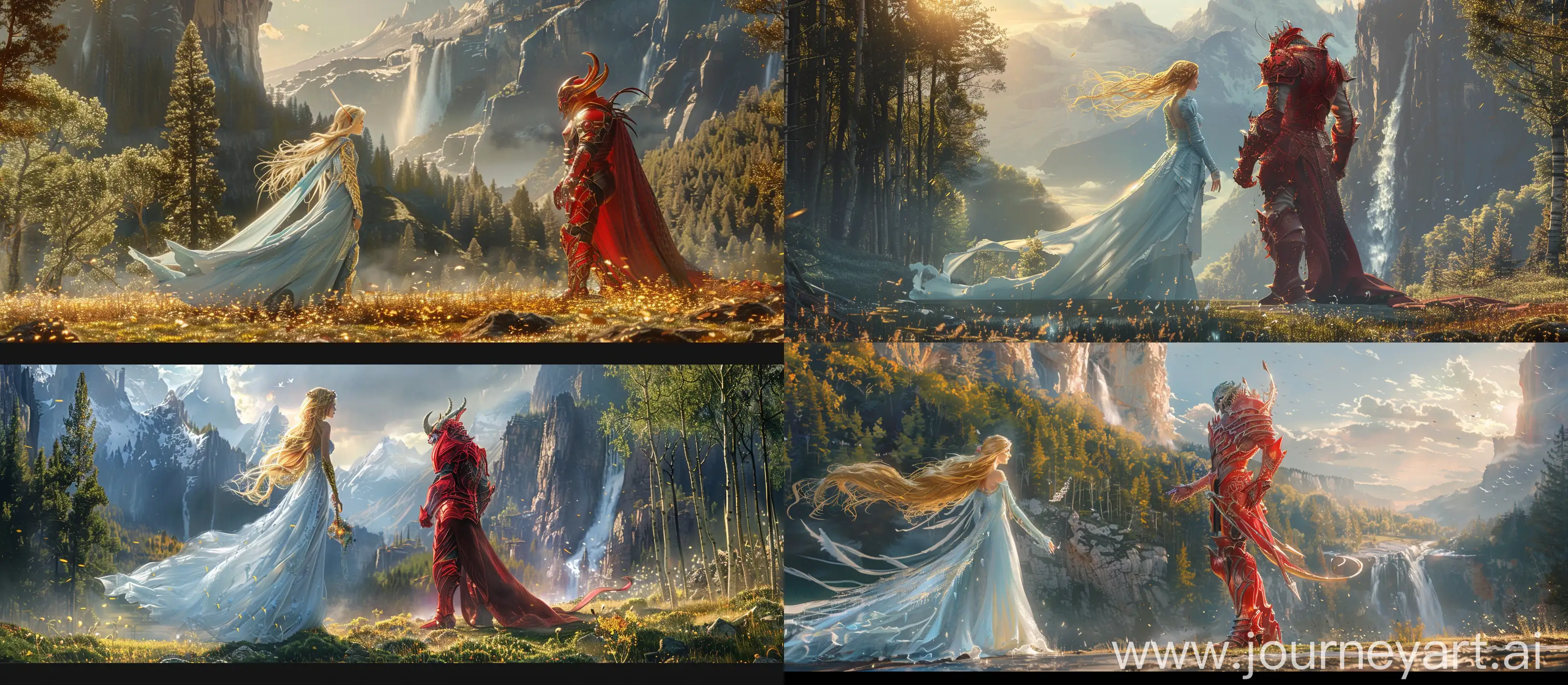 Two elemenst embodying a beautiful girl in a long pale blue dress with flowing golden hair and demon  in red armor frozen in readiness to attack, dawn in a clearing in front of a forest, in the distance majestic mountains merging into a canyon and waterfall, an atmosphere of mystery and morning awakening, Space Fiction poster Illustrations for epic movie, intricate details , --ar 16:7 --s 250 --v 6