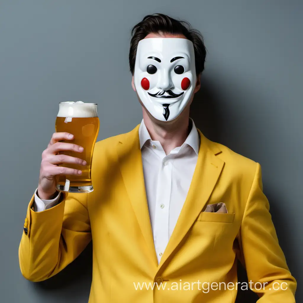 Человек без лица в жёлтом костюме с пивом
