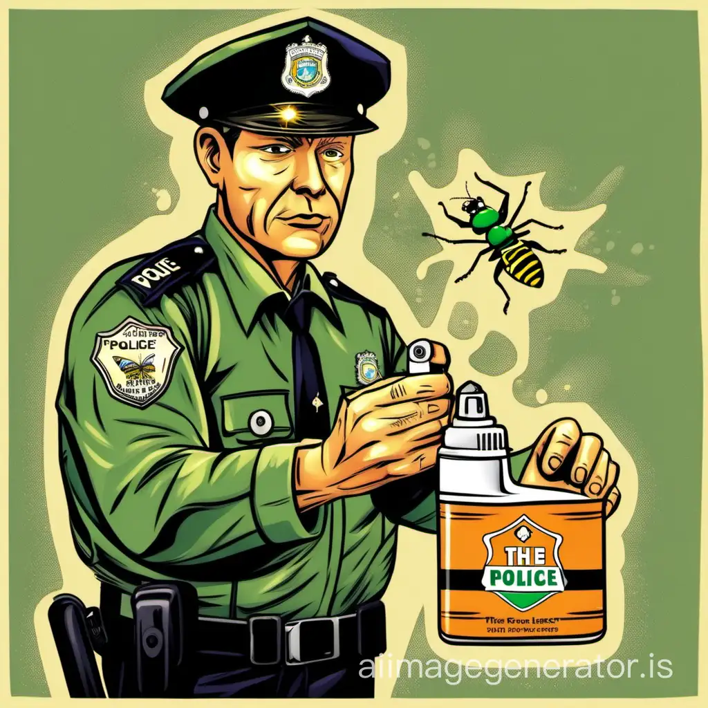 The police inspector holds insect repellent