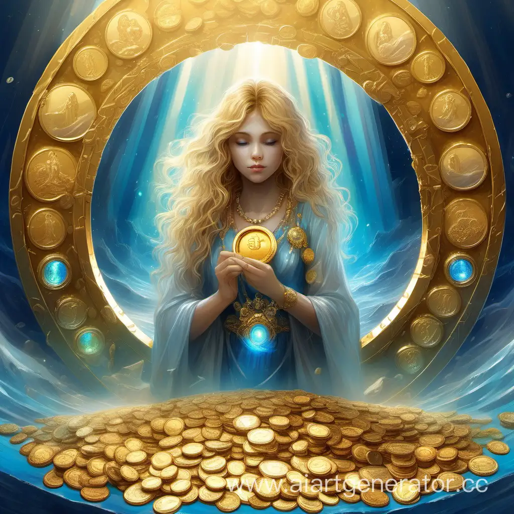 загадочная девушка, золото, портал, золотые монеты, радуга, синий, перламутр