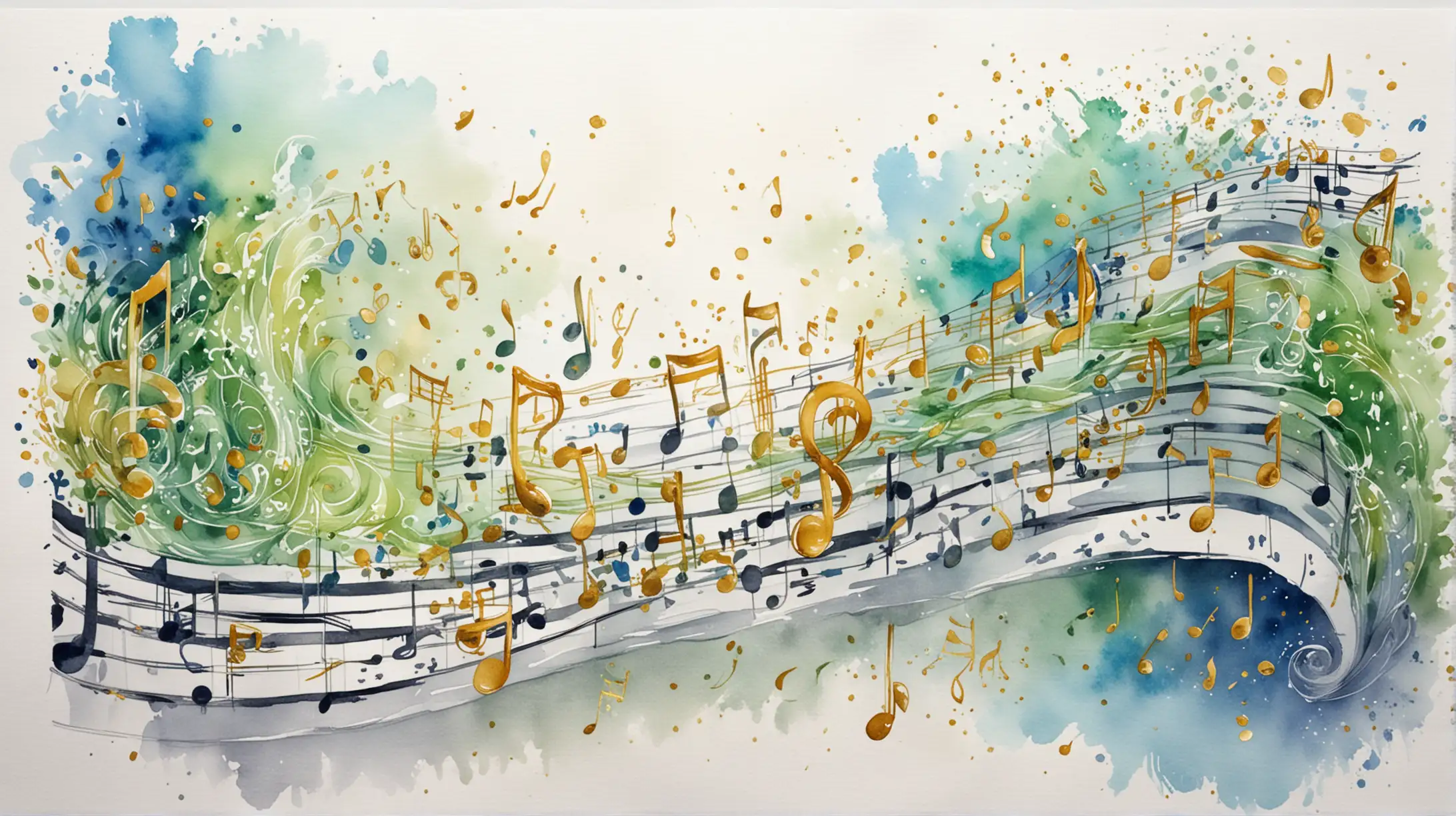 on a white background, painted in watercolor in anime style, curly sheet music with flying golden notes, green, yelou, blue, spring waltz, inspiration, flight, fantasy