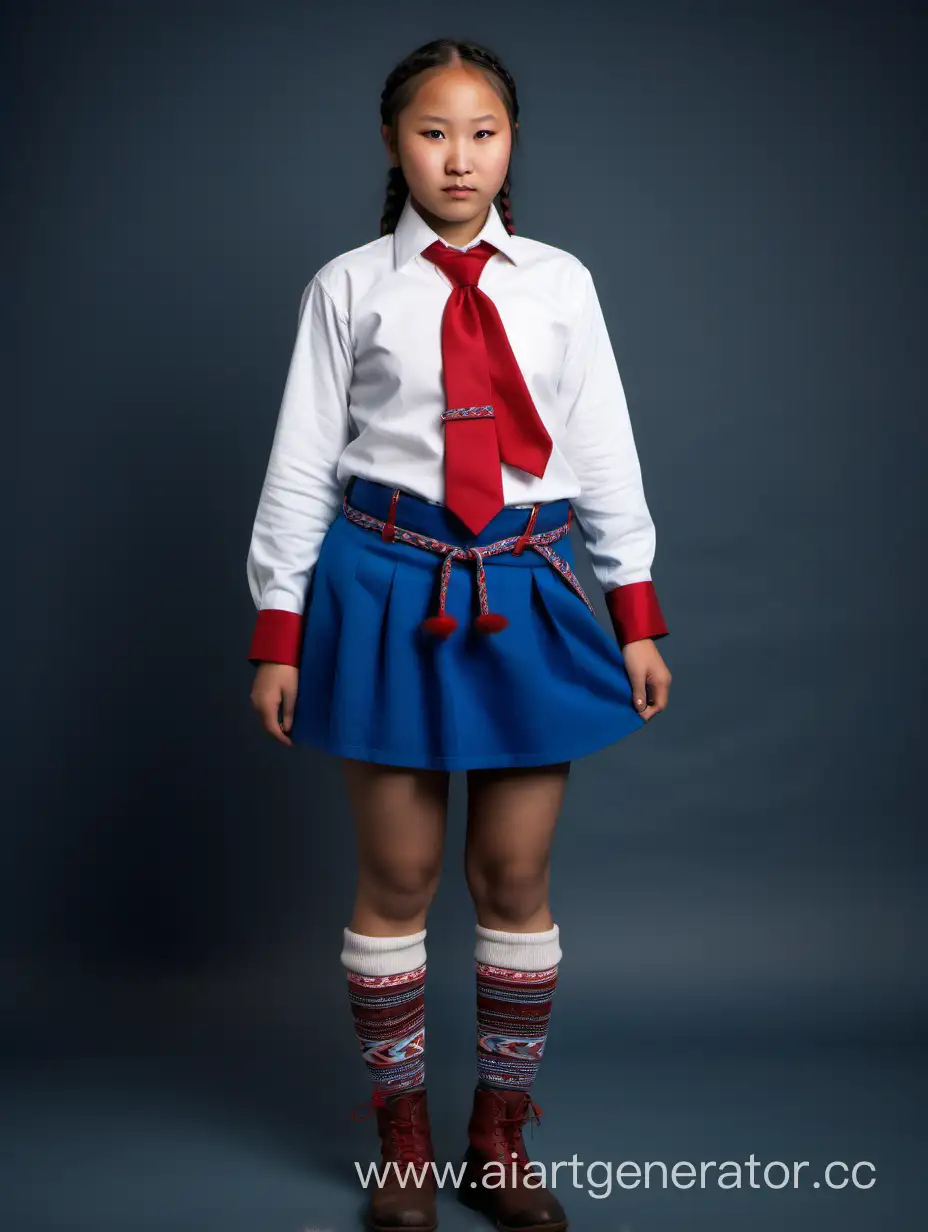 Девушка чукча в белой рубашке с длинным рукавом, синей мини-юбке с ремнём и красном завязанном галстуке на шее с косичками и голыми ногами, полный рост