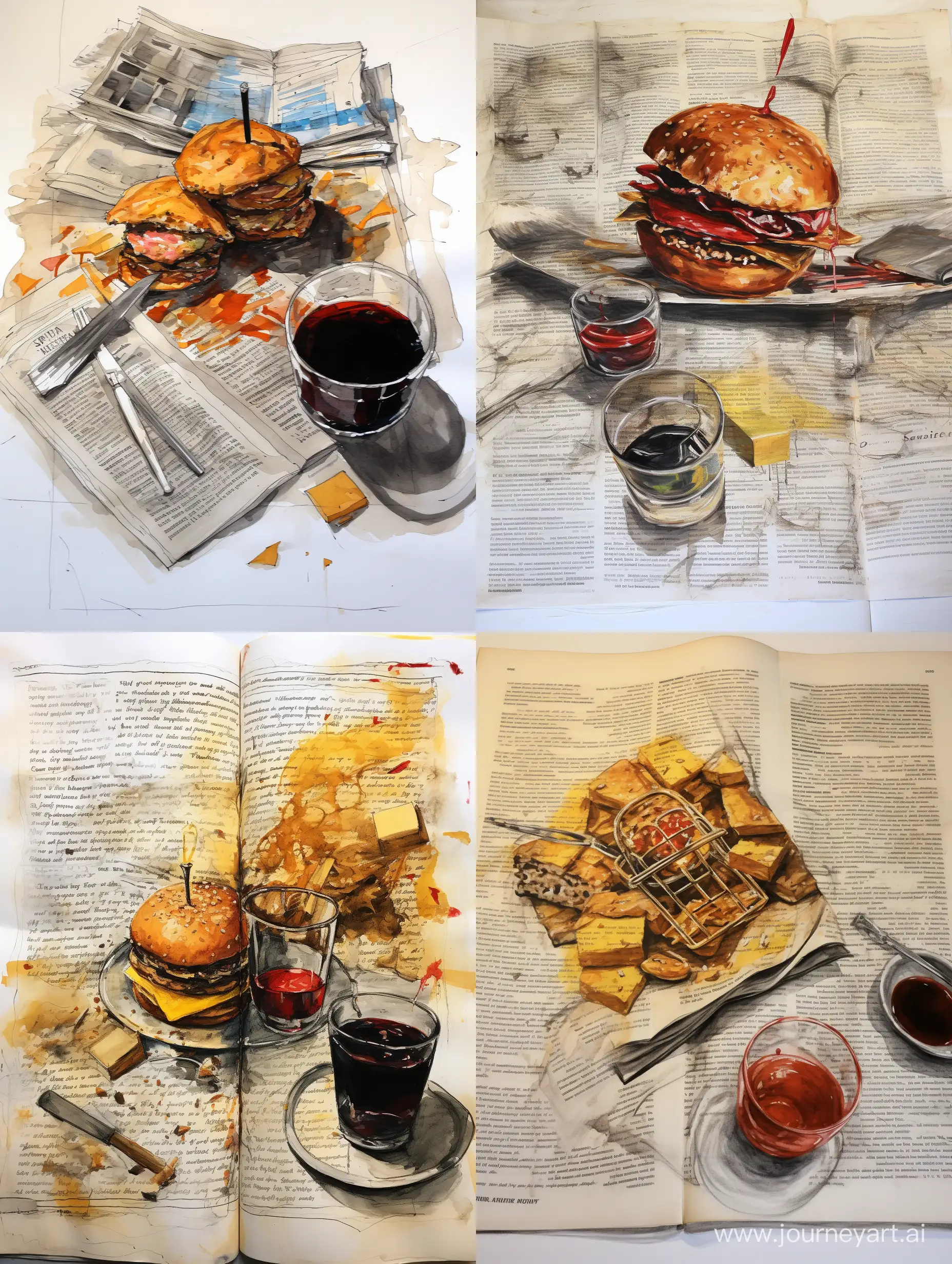 half of burger, one whiskey tumbler, pages of a manuscript, cigarettes, ashes, mustard spilled, ketchup smeared, potato chips and fries on a side, view from above, no background, steadman's style in ink, erratic
