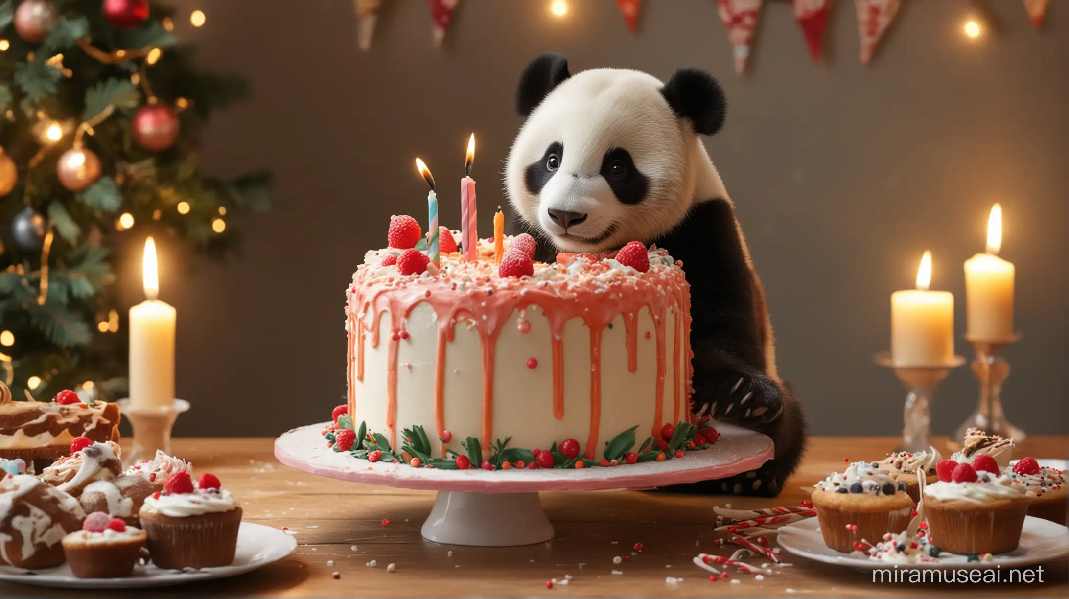 Festive Panda Celebrating with a Birthday Cake
