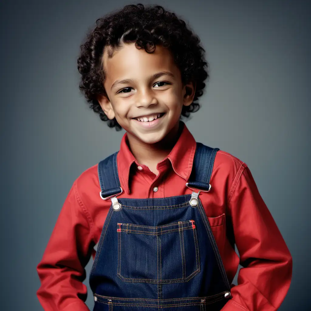 Smiling 8YearOld Boy in Stylish Denim Overalls and Red Shirt
