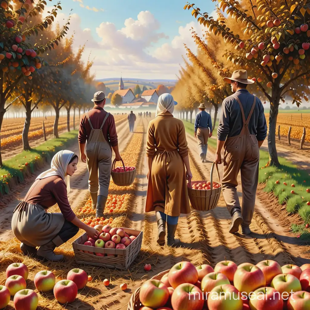 Herbst, Apfelernte, drei erntende Leute im Hintergrund, Feld, goldener Herbst, Realismus, Acker, wenig Äpfel auf dem Boden