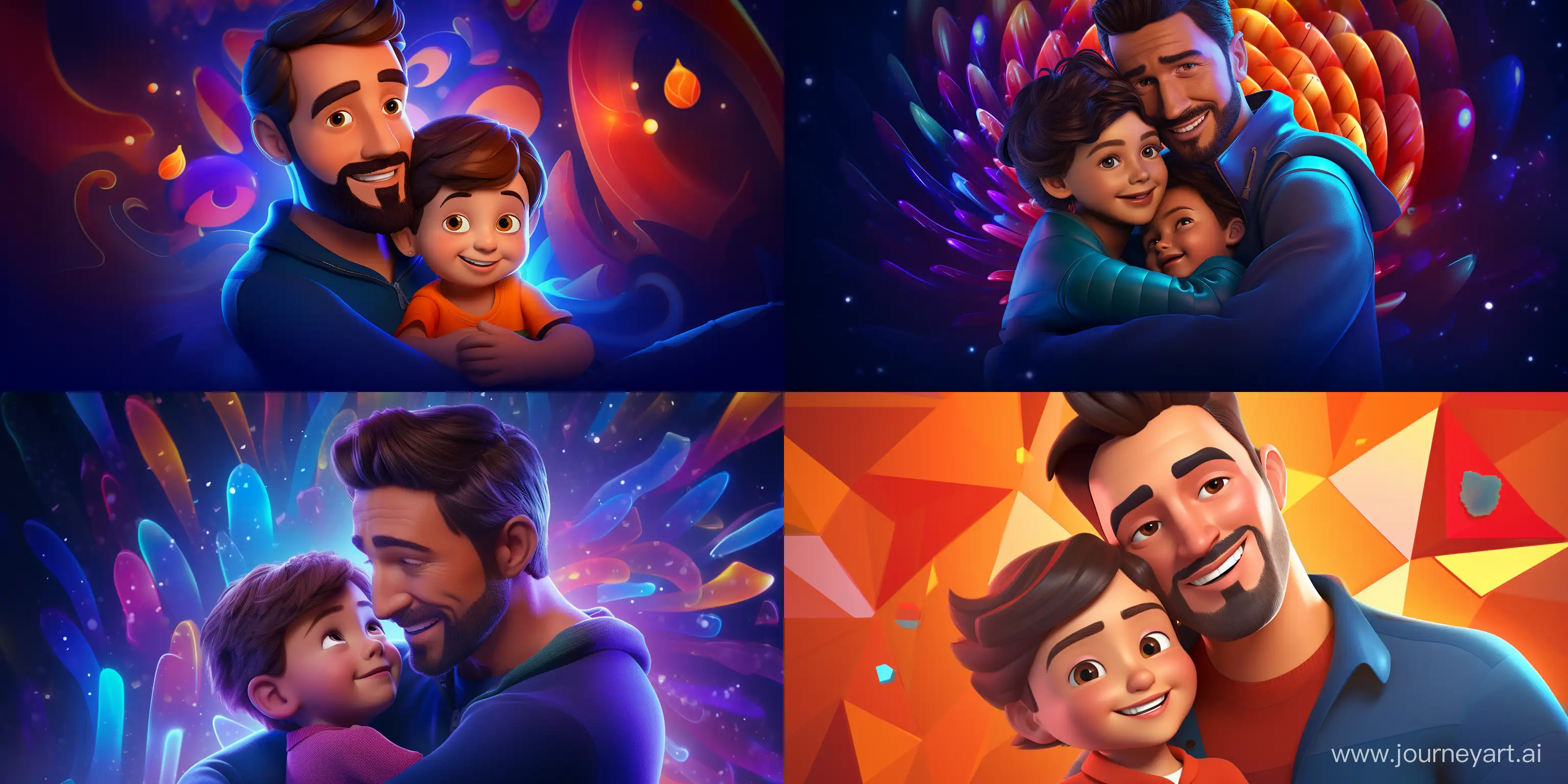 Affectionate-Disney-Studio-Style-3D-Cartoon-Father-and-Kid-Embraced-in-Festive-Joy