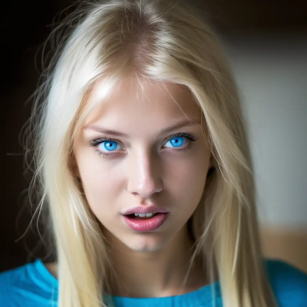 young slovian woman, blonde hair, cute face with blue eyes, bitting lips 