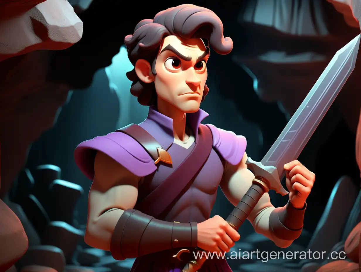 cartoon style, 8k, one man prince holding a sword in the cave
