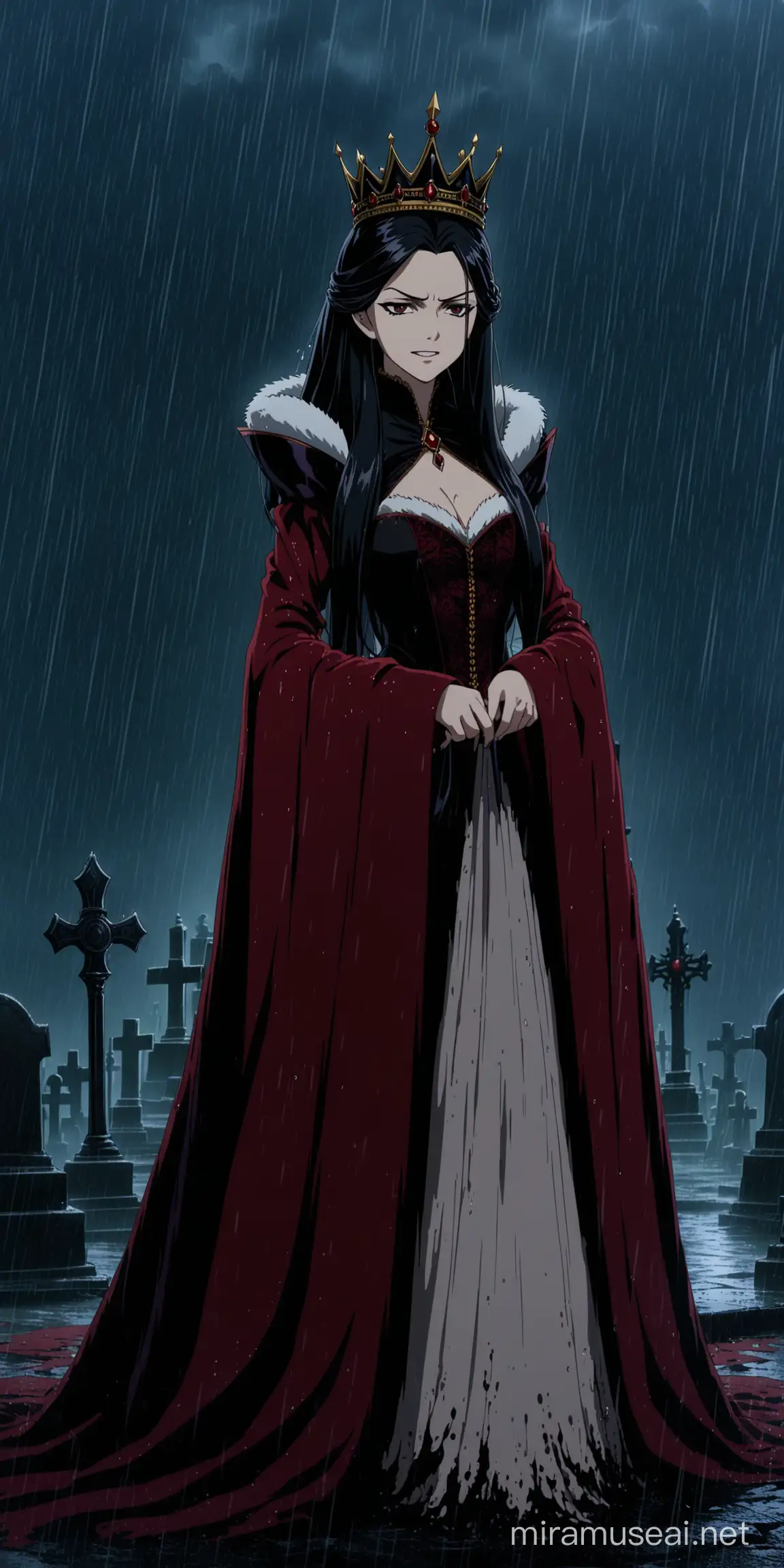 Evil Queen, dark background, long black hair, slight grin, crown, tall, imposing, vermillion Victorian wear, white fur, detailed outfit, intricate details, high-res, anime screencap, evil, wide sleeves, long sleeves, dark scepter, very long hair, graveyard, thunderstorm, rain, wet hair and clothes, torn dress, muddy dress