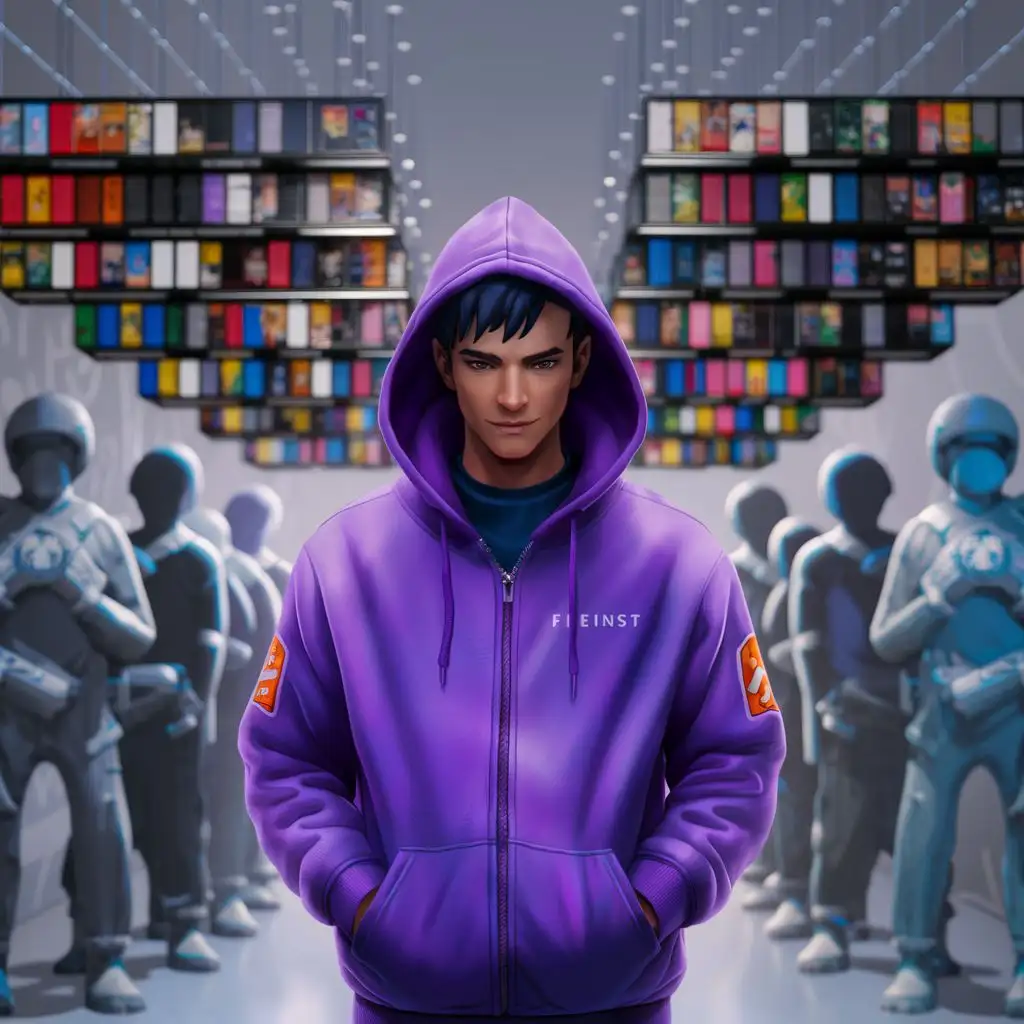 Male-Character-in-Purple-Hoodie-with-Fleinst-Sweater-Surrounded-by-Game-Cassettes-Shelves