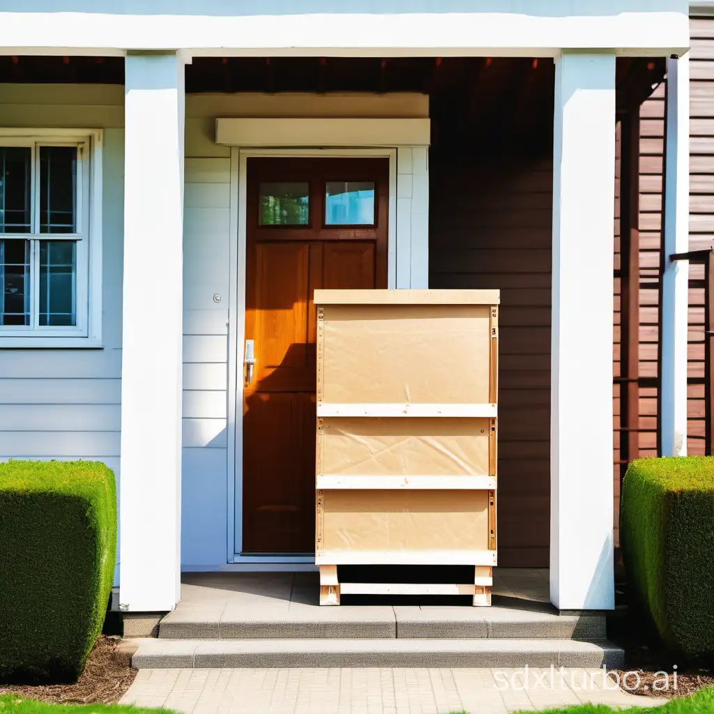 a big wood carton pallete box standing near the door of a suburban house in the sunny day