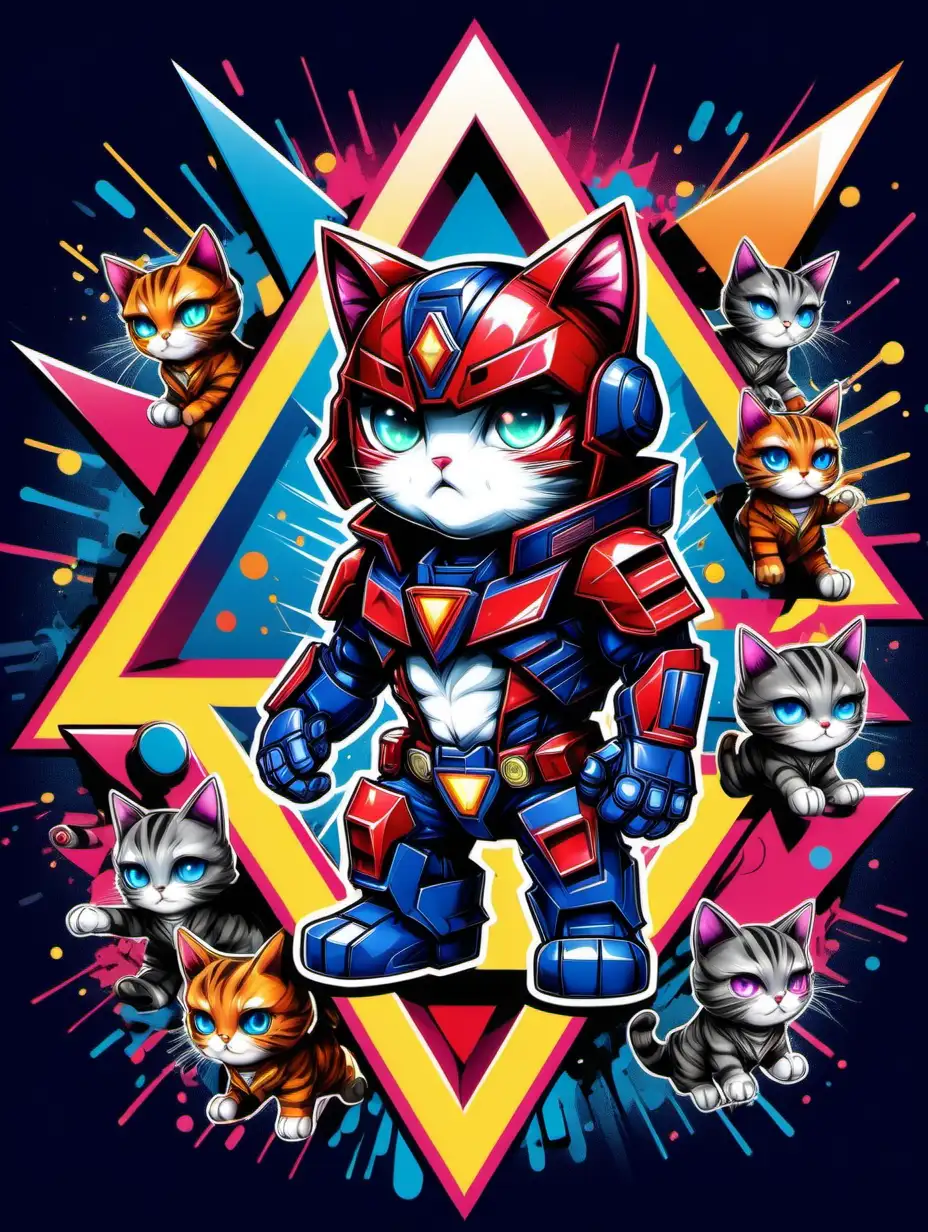 2d poster style, old style poster drawing, high contrast, flat pop art style drawing of a triangle-shaped composition featuring a little naugty cute kitty daredevil, dressed like Optimus Prime, glowing. Anime, chibi style. Big head, small body, big eyes. Cute face. The background is filled with graffiti elements, incorporating vibrant electric colors, various shapes, and dynamic lights. The overall image should be lively, colorful, and reflective of contemporary youth culture, embodying the energetic spirit of pop art. Drawing must be in 2d flat style, popart. 