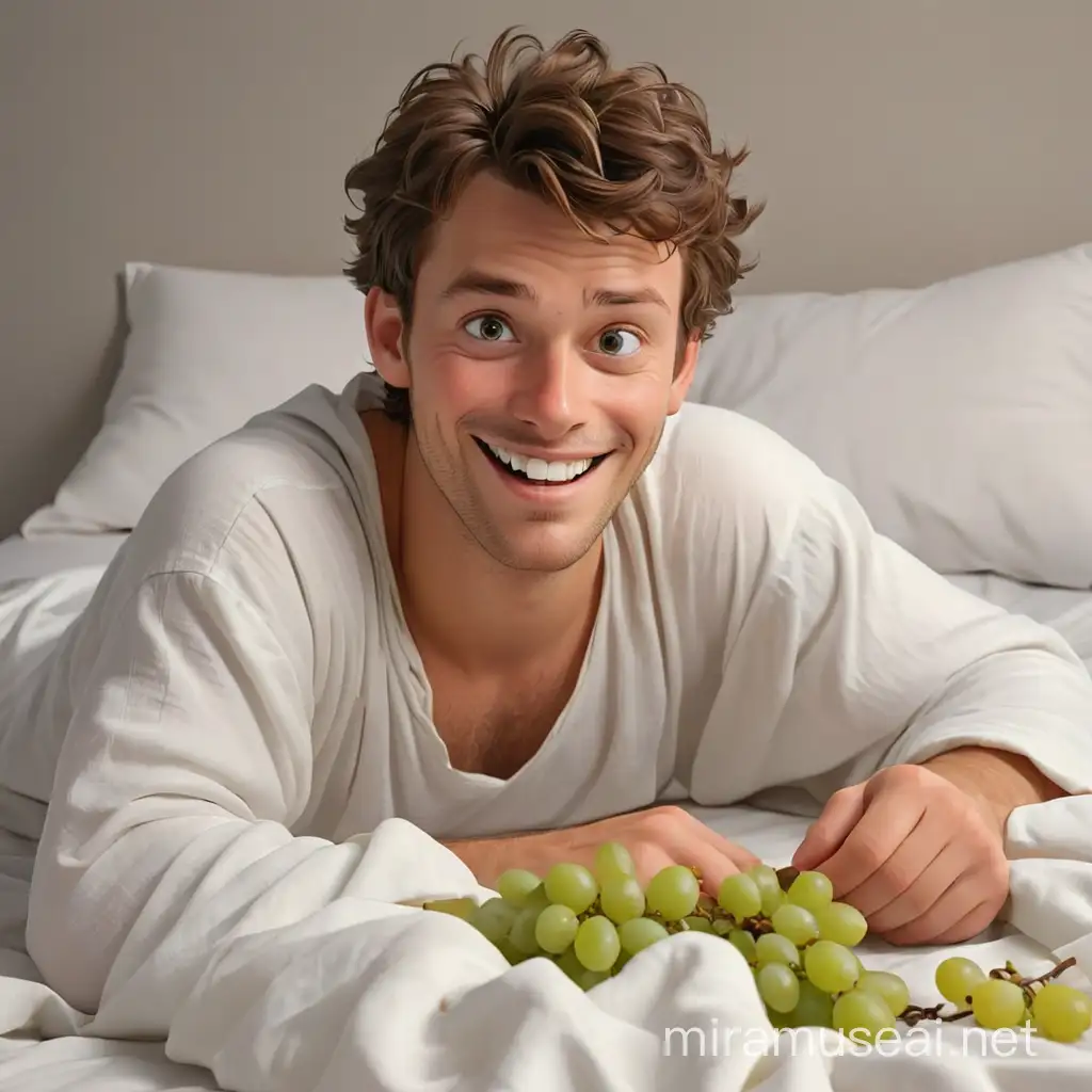 Confused Man Enjoying Grapes in Bed