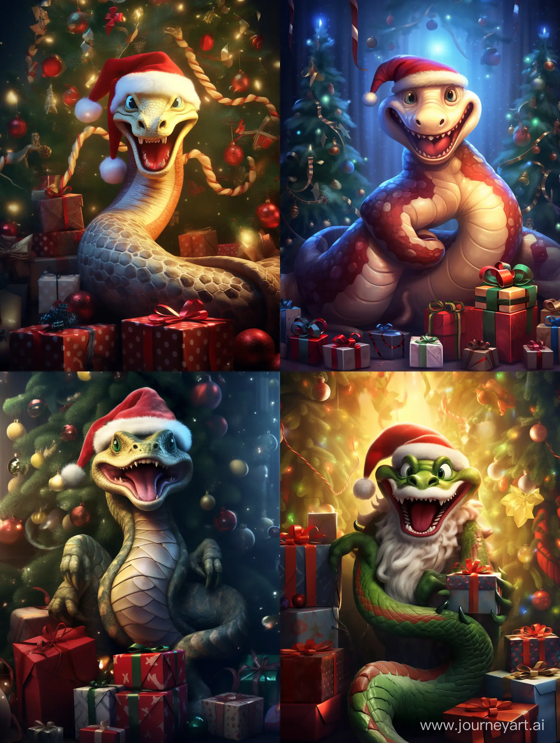 A kind, cute Disney-style snake in a Santa Claus hat sits on a Christmas tree decorated with balloons and garlands, lights. There are a lot of presents under the tree.