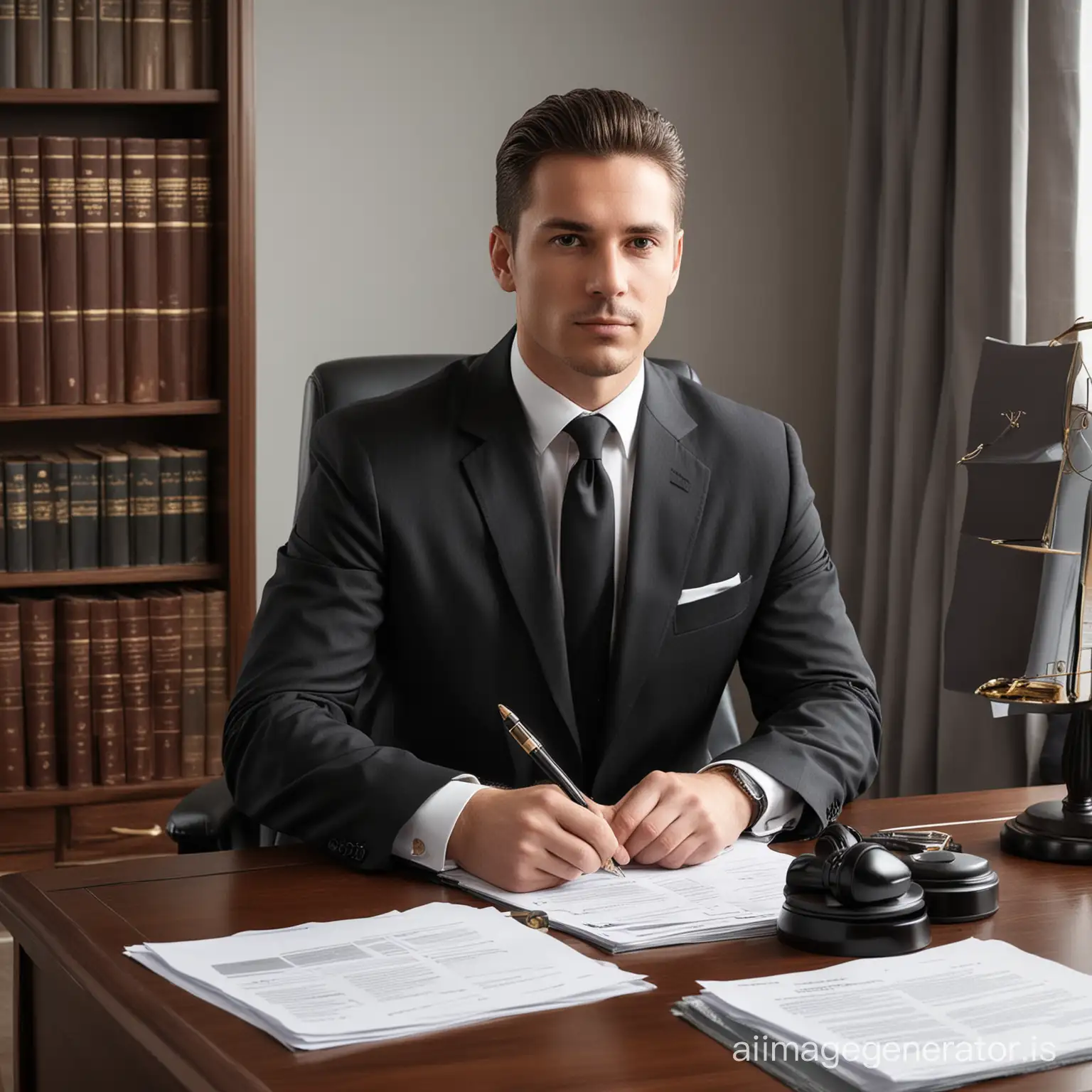 The man sitting at his personal desk is a lawyer dressed in a stylish and professional suit. His appearance suggests high quality and professionalism. Attention is drawn to his confident posture and self-assured gaze. Next to him on the table are documents and legal materials, indicating his deep knowledge and experience in the field of jurisprudence. His workspace is organized and neat, reflecting his discipline and attention to detail. Overall, his appearance and working environment create the impression of a top-notch specialist ready to tackle complex legal issues and tasks.