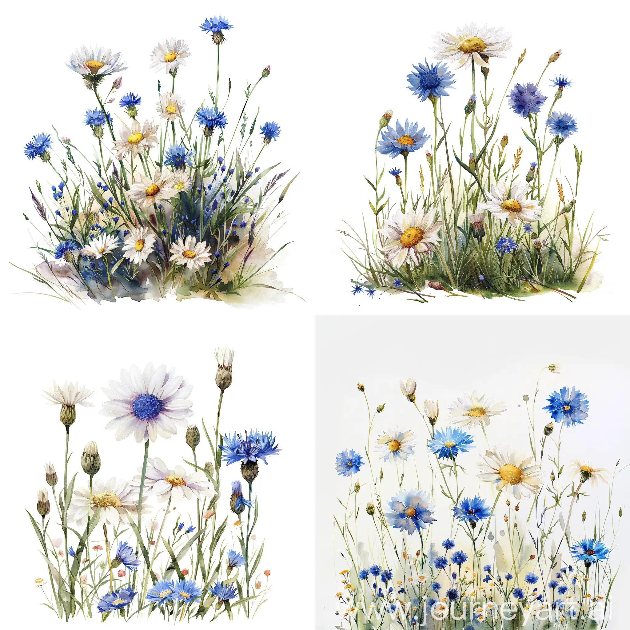 watercolor standing wildflower, daisies, blue cornflowers, on white background, soft handpainted, detailed