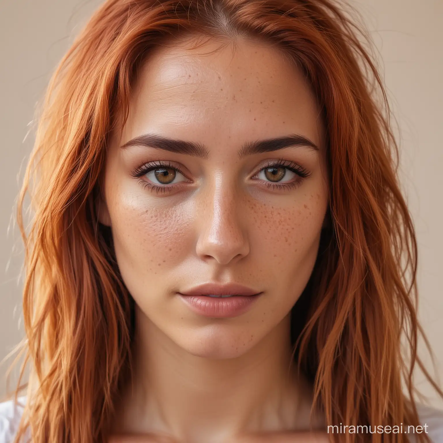 portrait of a beautiful women with red hair, hair roots slightly faded, spanish, influencer, light freckles, light brown eyes, no makeup, Instagram, 8k
