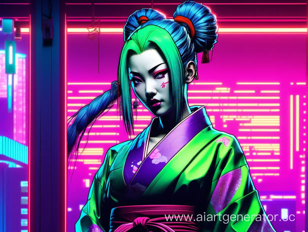 geisha girl in traditional Japanese attire, green hair tied up, purple eyes, snow-white skin, standing in a neon-lit apartment, poster, RTX, in the style of Cyberpunk 2077