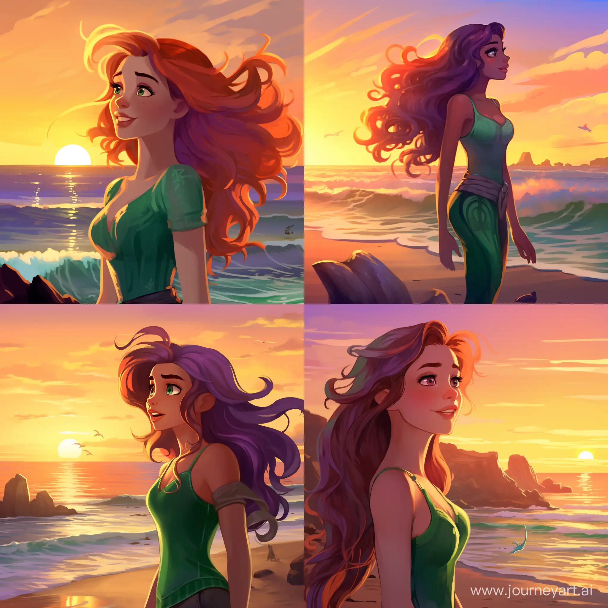 Ariel the Little Mermaid standing on the beach in Malibu, California, at sunset. She is wearing her green tail and purple top. Her hair is flowing in the wind. She is looking at the sunset and smiling. The sky is ablaze with color. The waves are crashing on the shore.