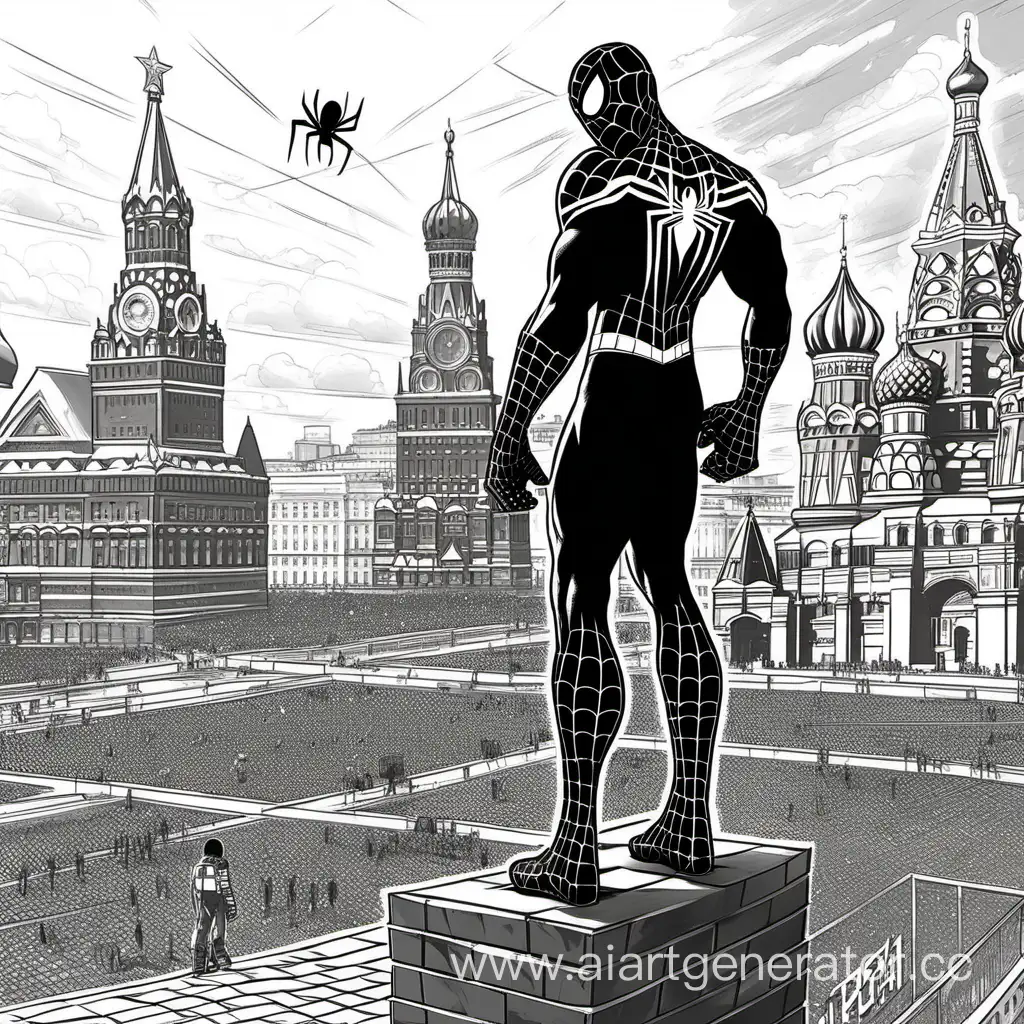 черно белый человек паук в россии у красной площади в  стиле комиксов Marvel