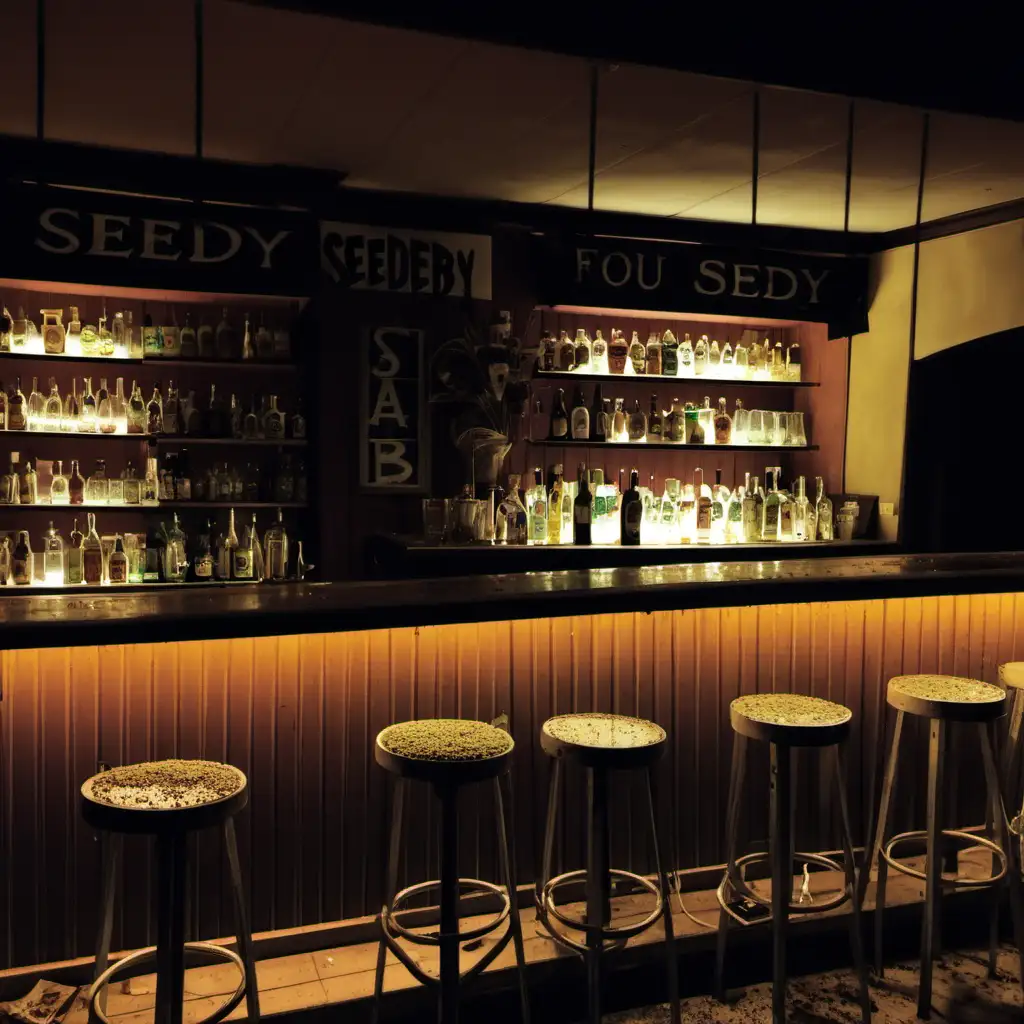 Dimly Lit Seedy Bar with Mysterious Atmosphere