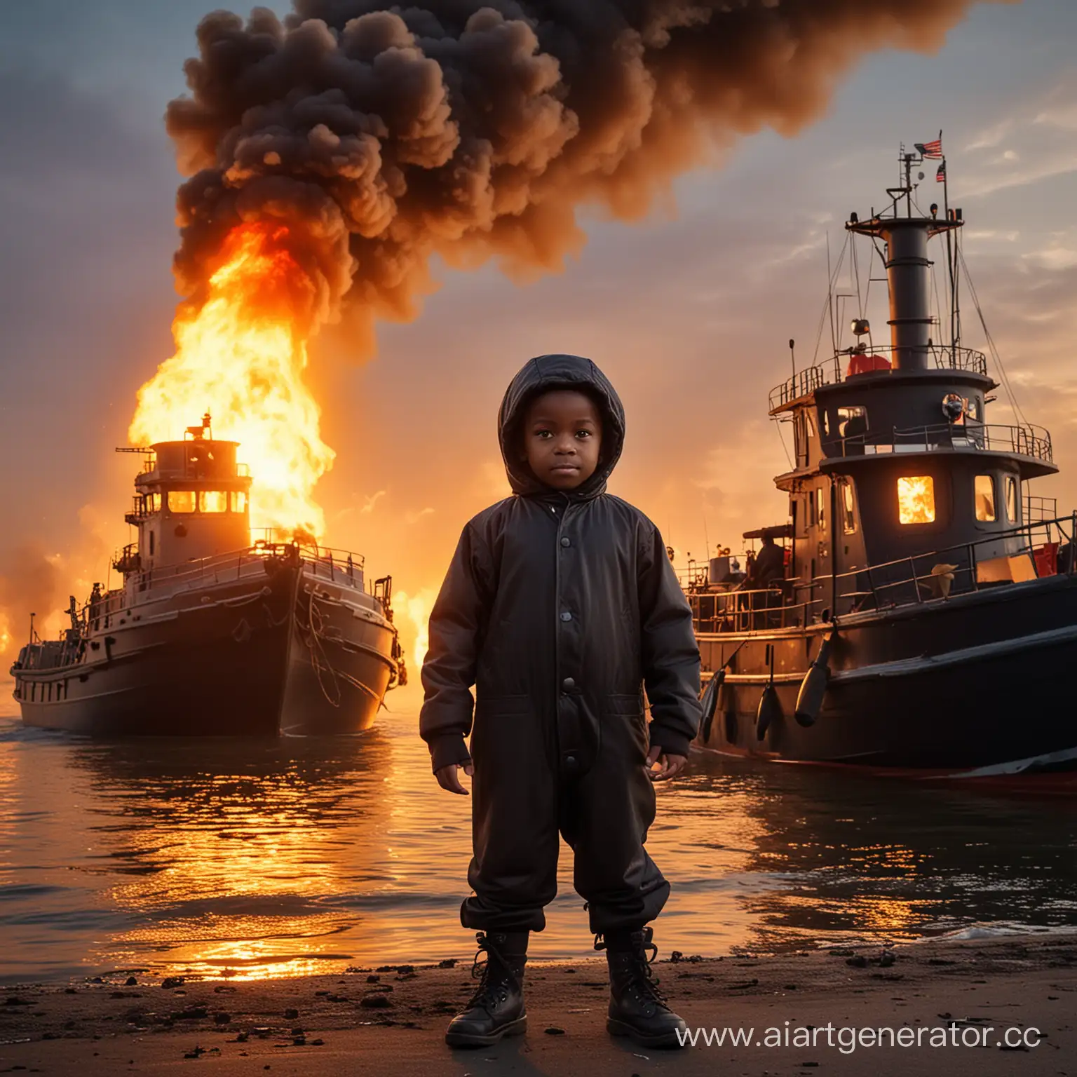 Boy-in-Egg-Costume-with-Burning-Tugboat-Background