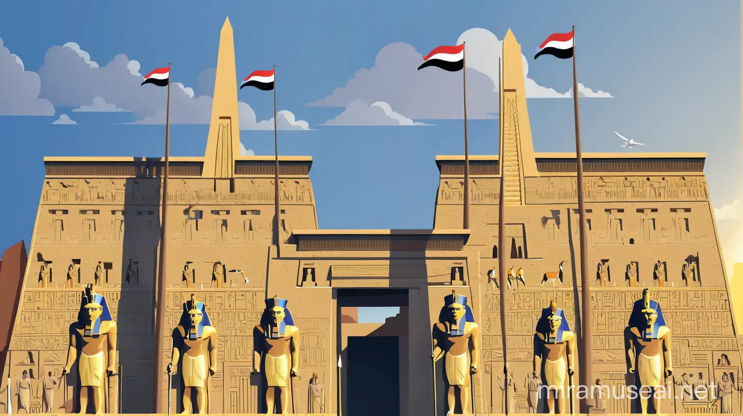 Mixed style of flat vector art and travel poster: recreation of ancient Luxor Temple.
