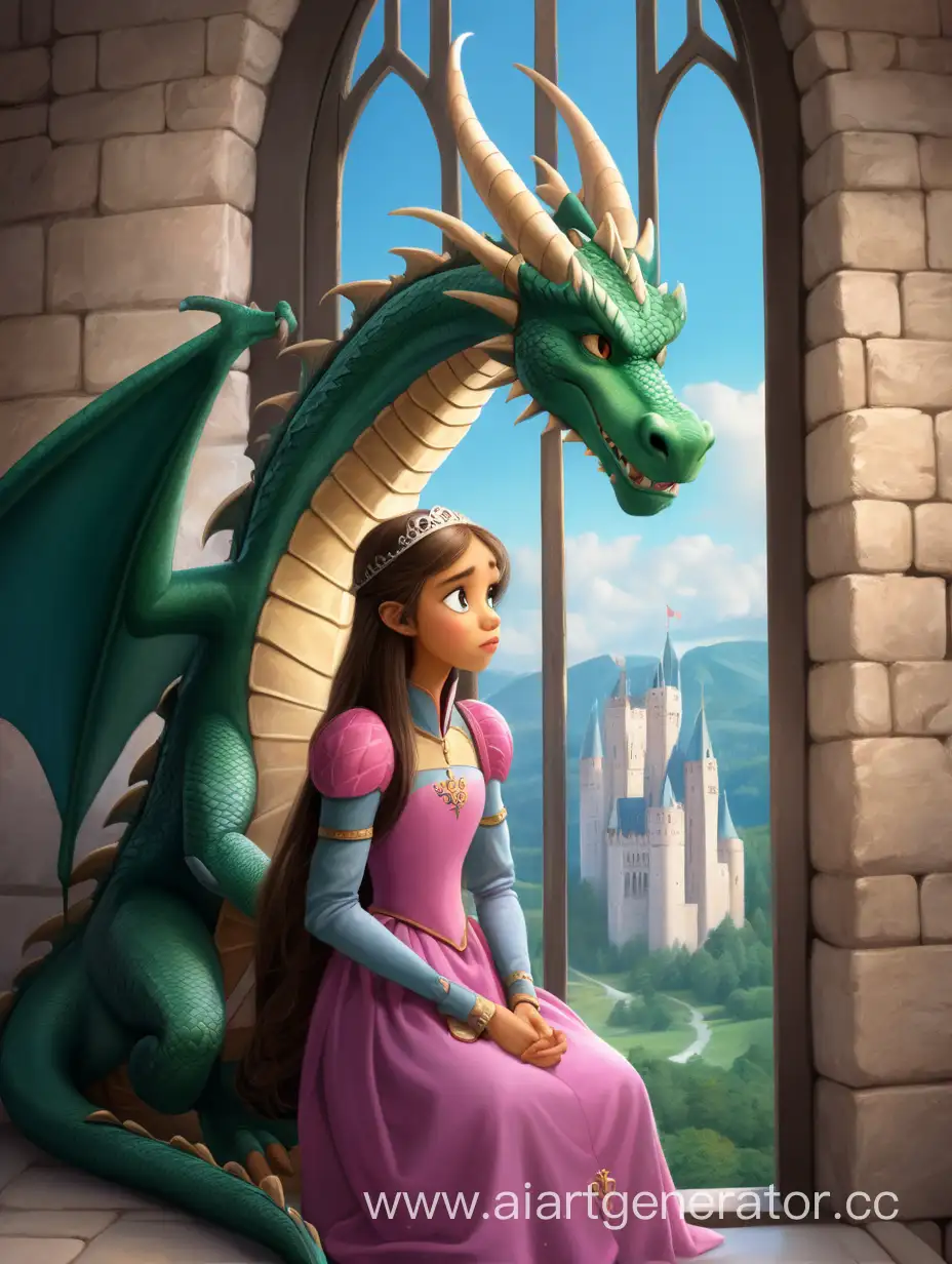 дракон охраняет принцессу и запер ее в башне. Принцесса смотрит из окна высокой башни грустными глазами. 