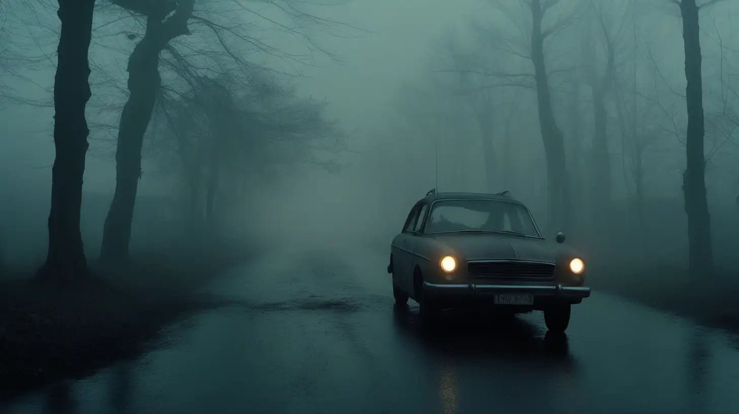 scheme, experimental cinematography, dystopian realism, made of mist, very foggy, broken car in a street, dark trees in the background, subtile lights in the window, expansive skies, transavanguardia, movie still 