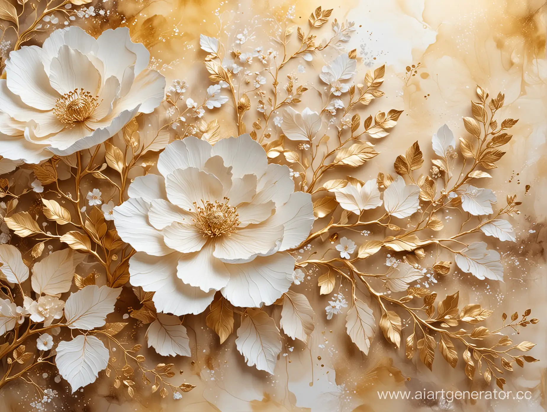 3D huge flowers beige and white with gold elements on huge gold branches and alcohol ink aquarelle background