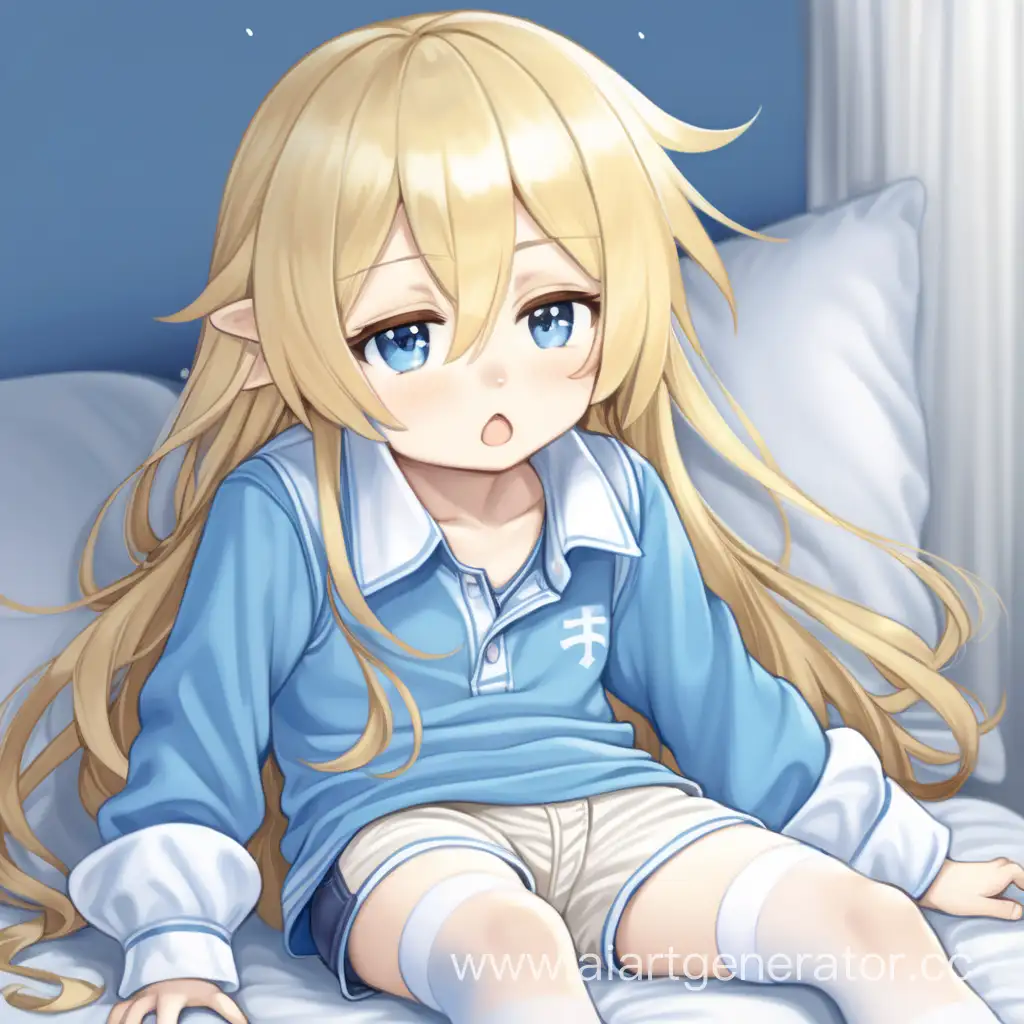 Tiny boy, blonde fluffy long hair, very sleepy, cute, soft-blue blouse with long sleeves, white short shorts, white stockings, anime style, detalis