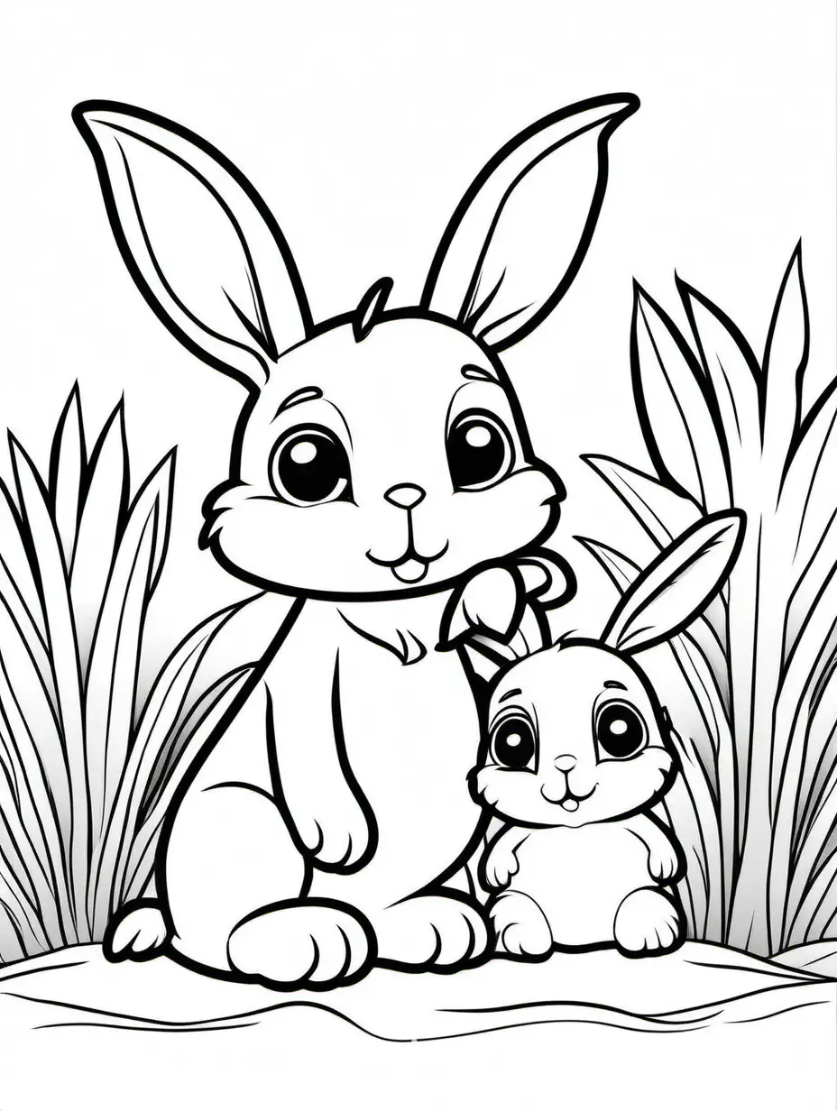 cute Rabbit with his Bunny for kids , Coloring Page, black and white, line art, white background, Simplicity, Ample White Space. The background of the coloring page is plain white to make it easy for young children to color within the lines. The outlines of all the subjects are easy to distinguish, making it simple for kids to color without too much difficulty