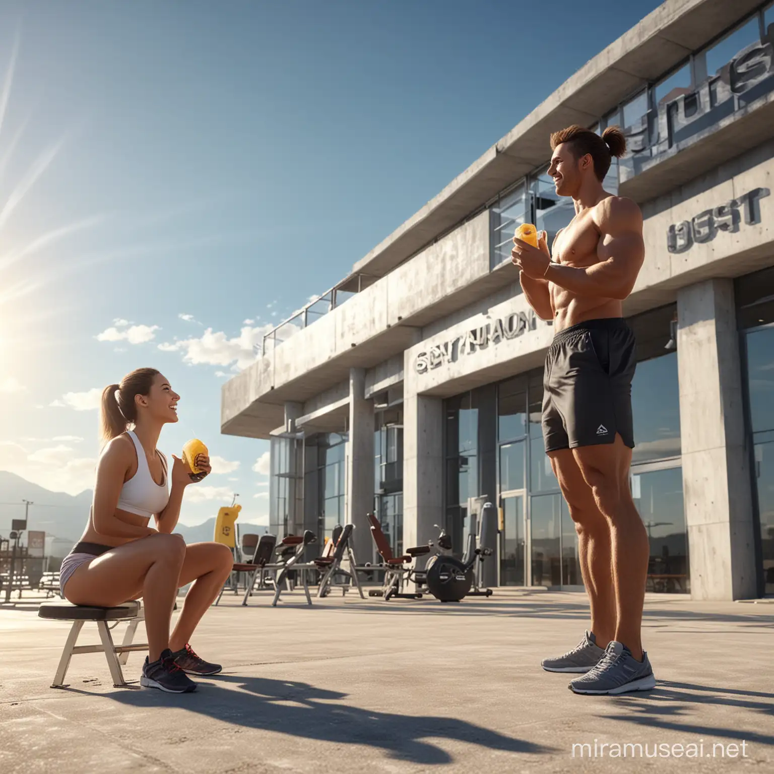 Happy Couple Enjoying Healthy Meal in Sunlit Outdoor Gym Setting