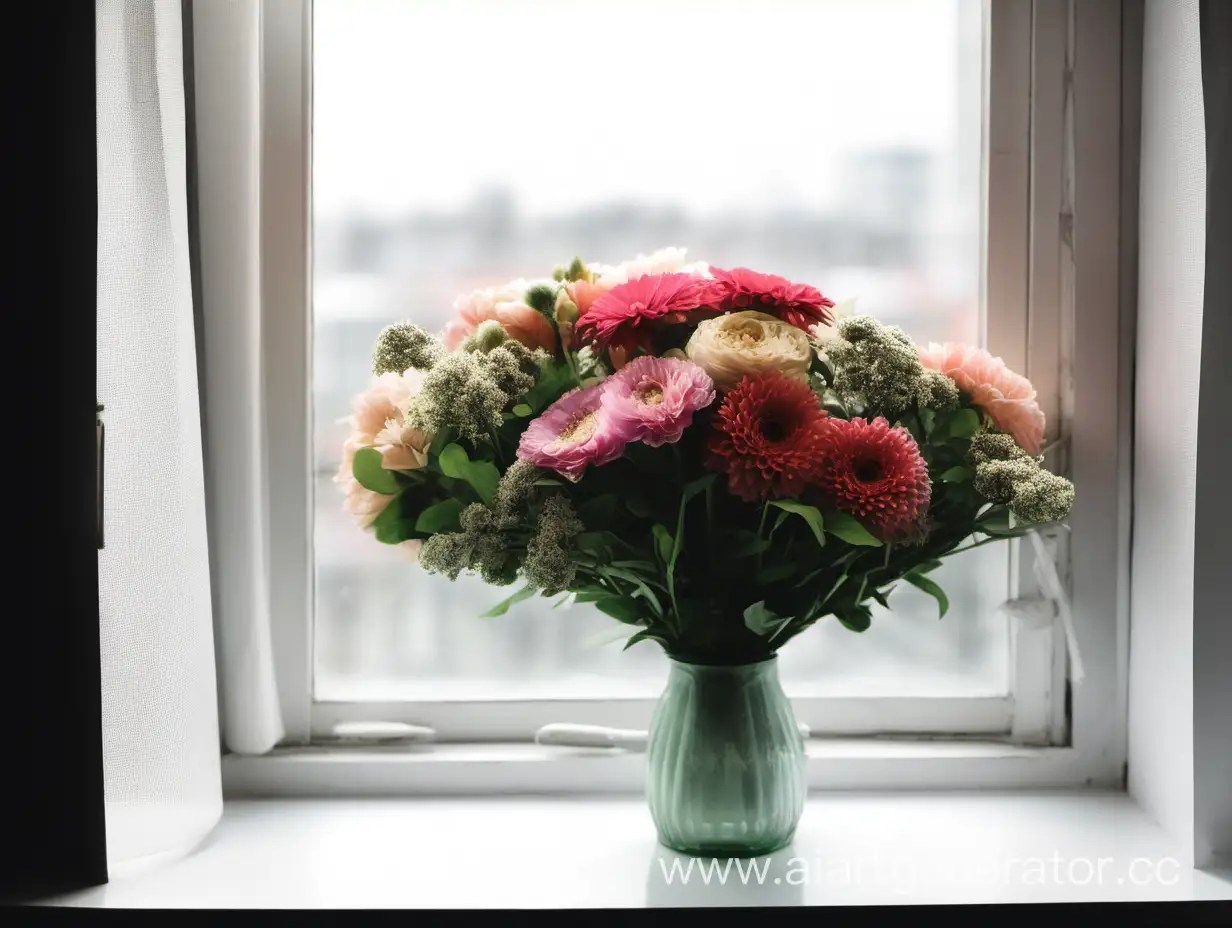 Букет цветов стоит на окне