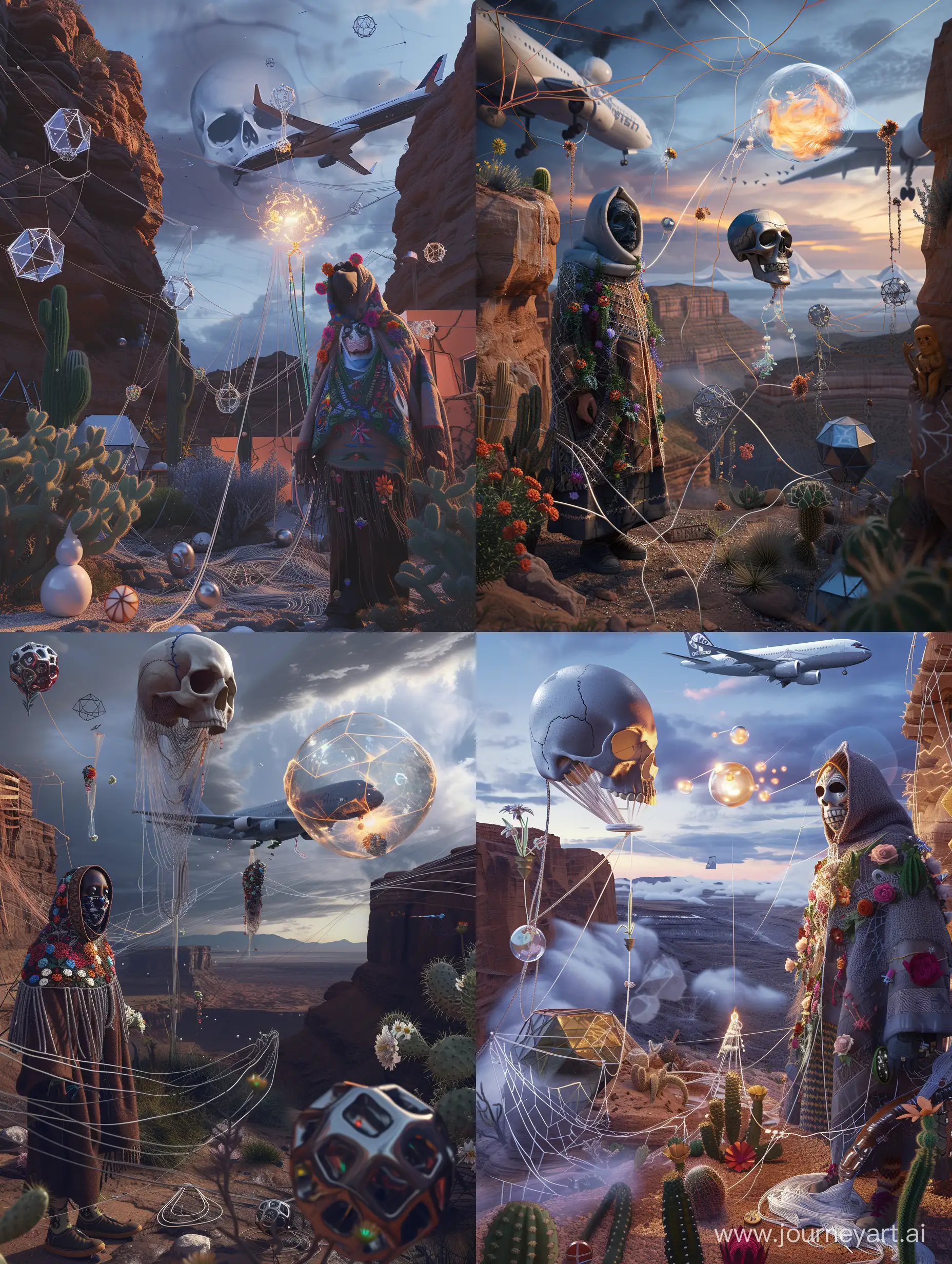 "Amidst the eerie setting of the overlook hotel, a skull ominously looms in the sky, while a tangled web of yarn and wires weaves through a desert canyon landscape at dusk. In this surreal scene, a masked sage adorned in a poncho embellished with flowers and cacti stands before an array of floating sculptures with varying transparent and metallic textures, accompanied by swirling metal liquid and a ghoul casting a bubble of burning opal liquid holographic magic. The entire setting is brought to life by highly detailed and cinematic lighting, with a minimalistic hallucination of geodesic shapes in the background. As the night sky descends, a Boeing 747 appears just above the clouds, adding an extra touch of moody allure to the already captivating scene."