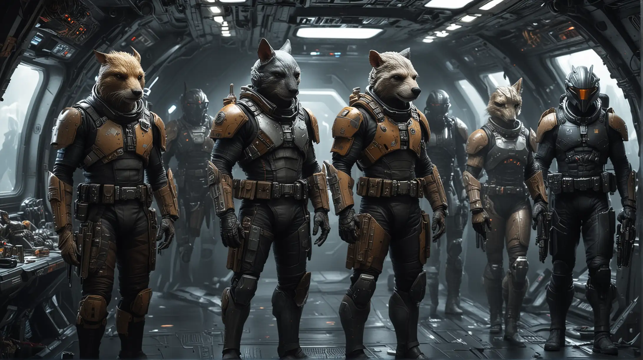 various bounty hunters stood in a space-ship interior, each figure is an anthropomorphic form of various animals with a futuristic twist, detailed fantasy art
