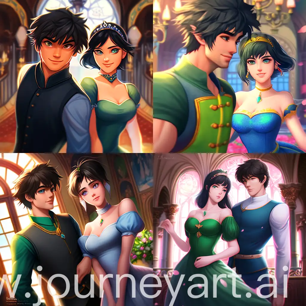 masterpiece, tall girly male, male broad and flat chest, male neck, male curvy waist, perfect face, shy, short messy black  hair, extremely detailed, expressive blue and yellow eyes, green fantasy dress, detailed castle interior background, Ghibli art style, Spirited Away art style