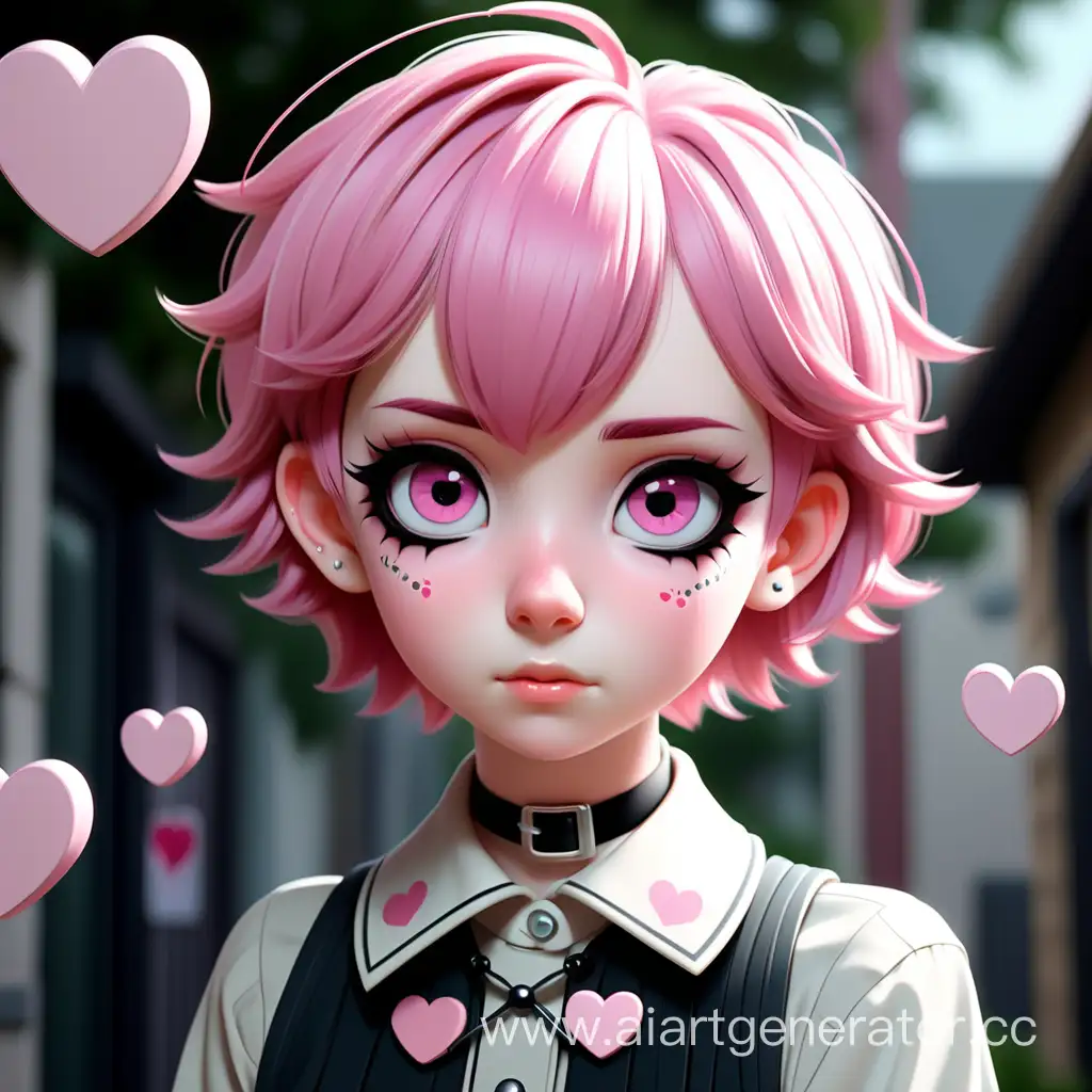 The girl with tenderly pink hair, a boyish haircut, white eyelashes, and cute anime eyes with a collar adorned with hearts.