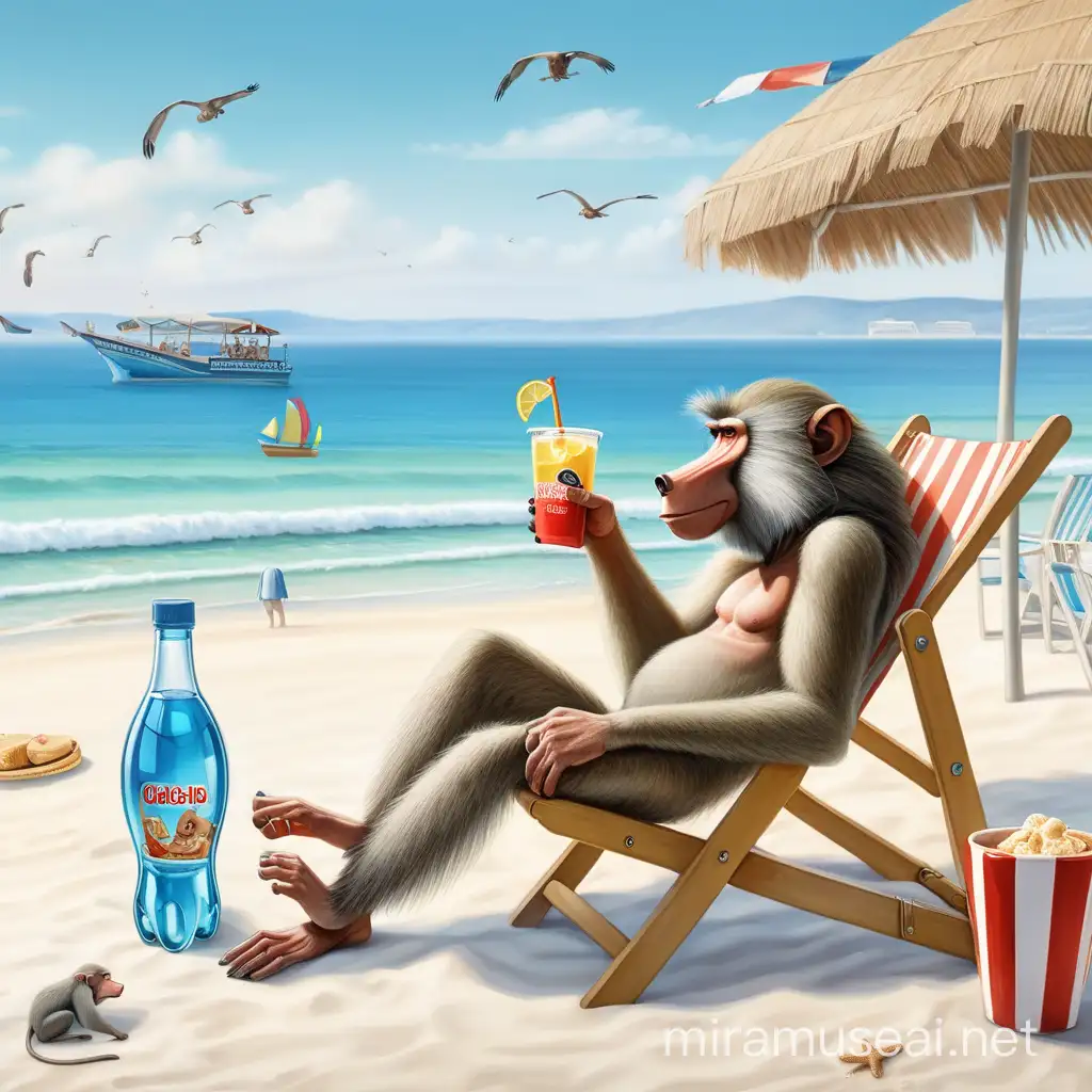 狒狒躺在沙滩椅上，手里拿着饮料，旁边有饮料店。远处的海里有几只狒狒