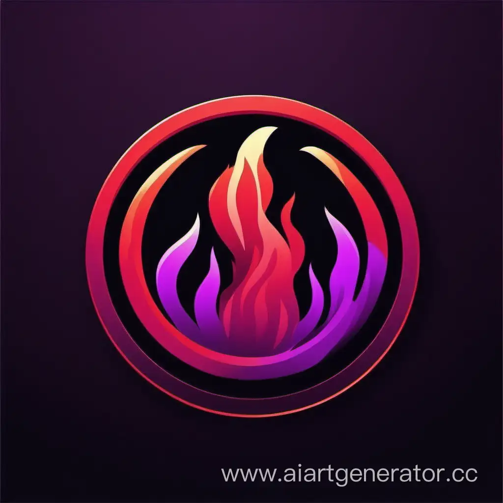 circle icon with purple and red fire on black background