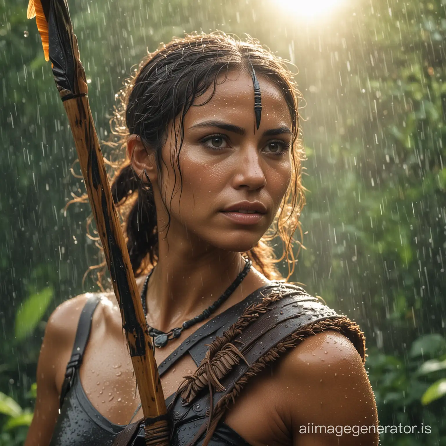 A close-up of a Amazon woman warrior holding a spear in lush rain and sunshine
