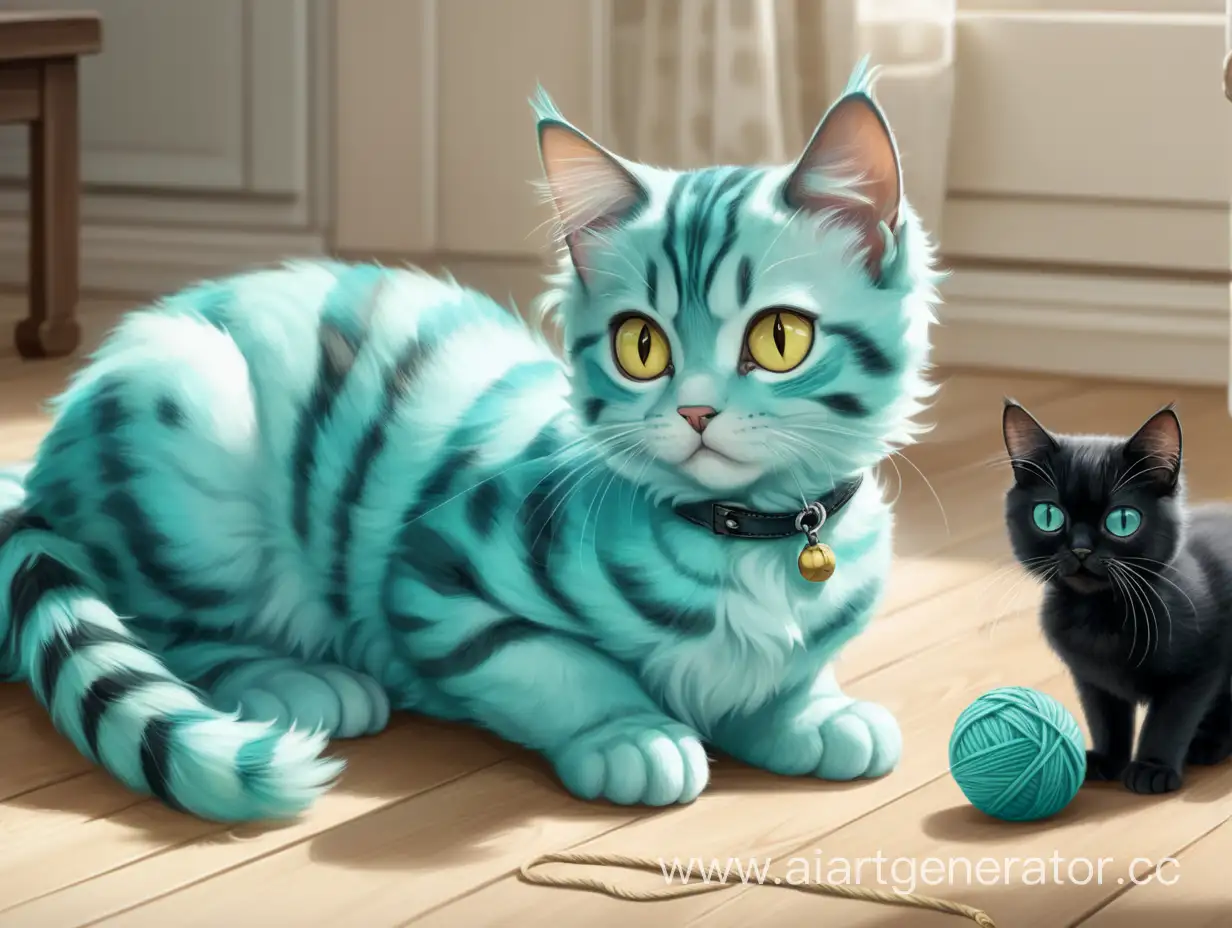 Turquoise-Cat-Breed-with-Black-Stripes-Playful-Feline-Trio-with-Yarn