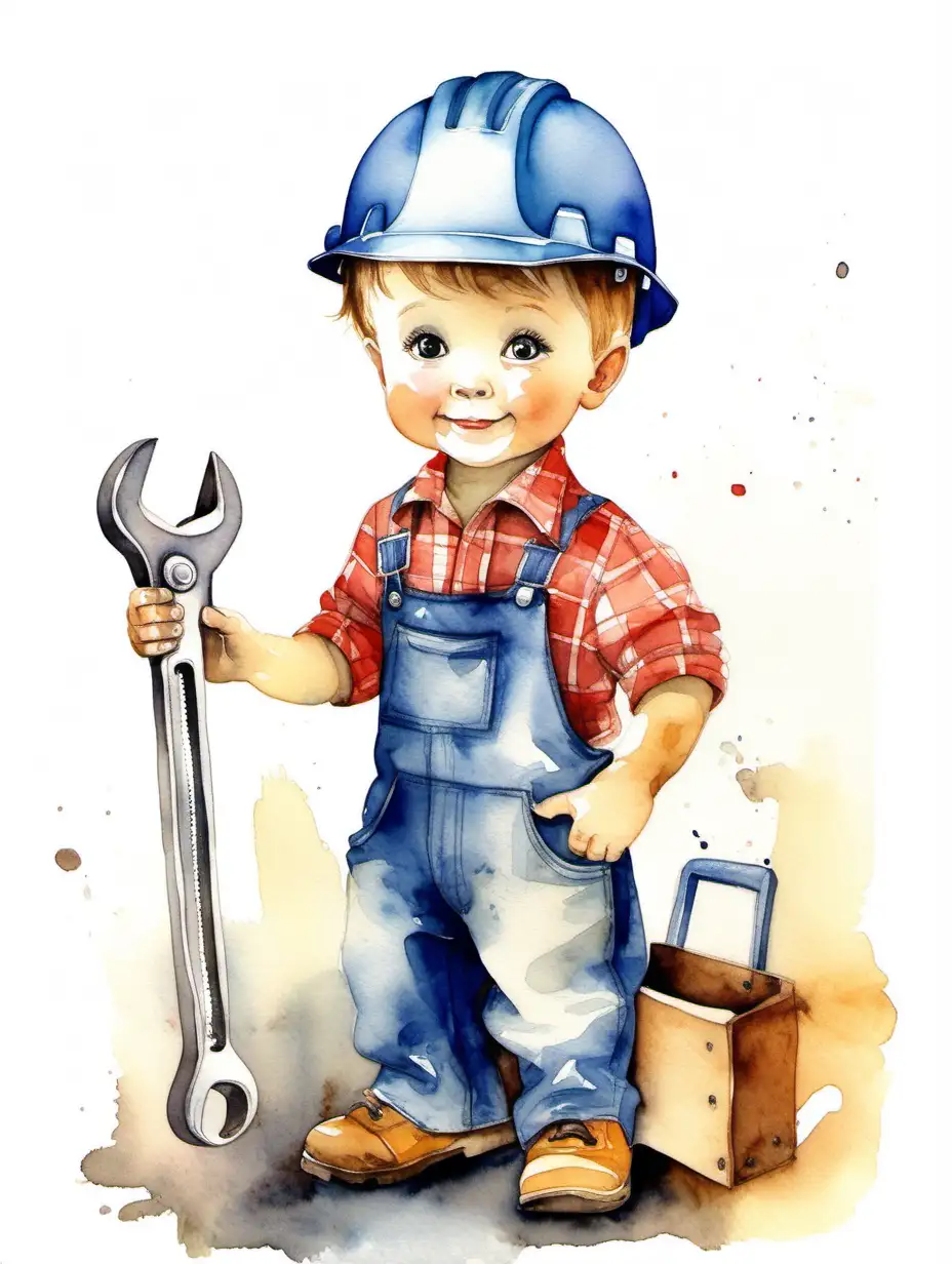 Adorable little boy dressed like a builder holding a spanner, watercolour