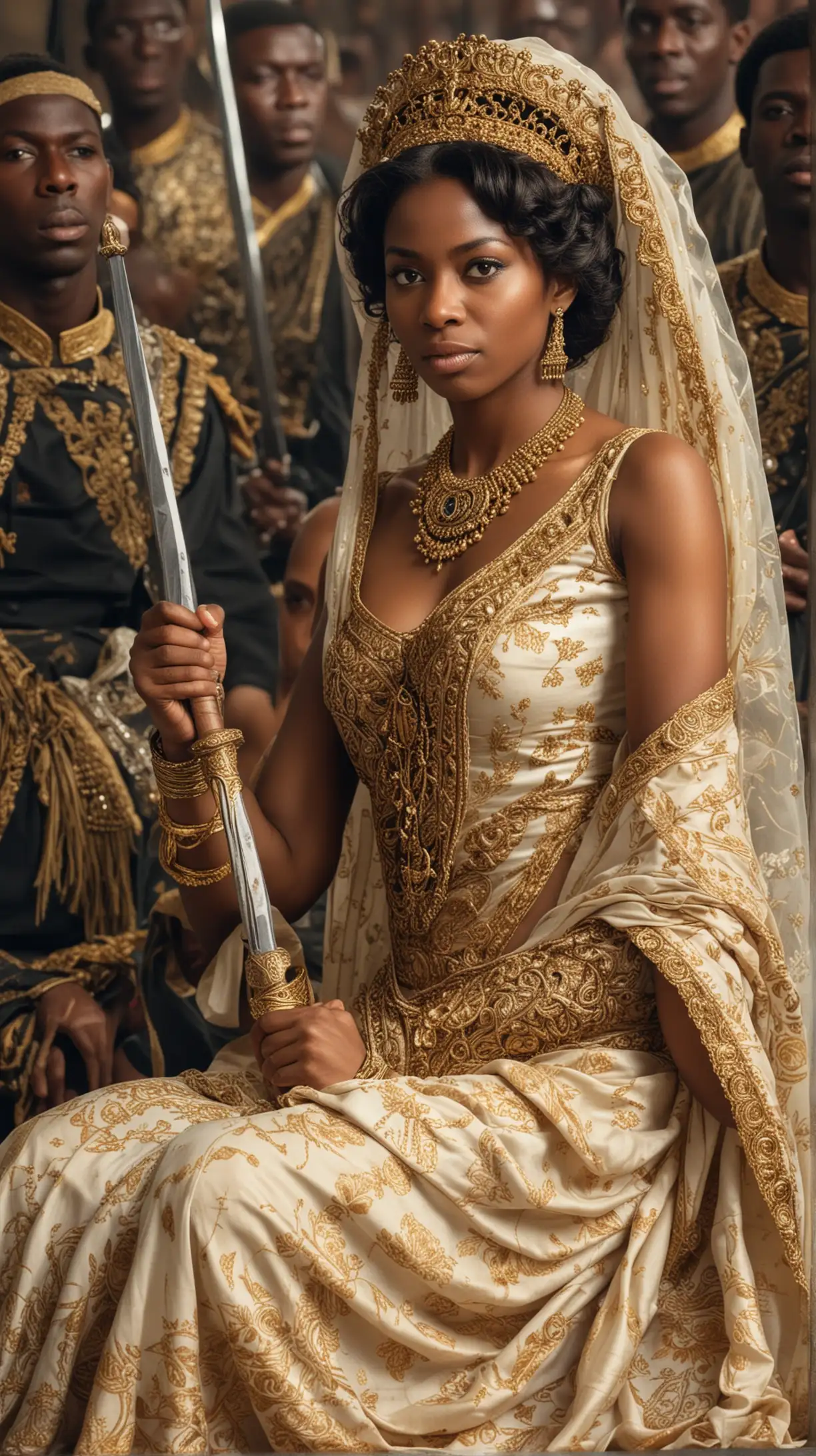 In the 1600s, the female ruler of Angola is called Zingadi. She is seated and wearing an attractive light sari dress, holding a sword in both hands. Behind her is an army of black men. Close up the picture.
