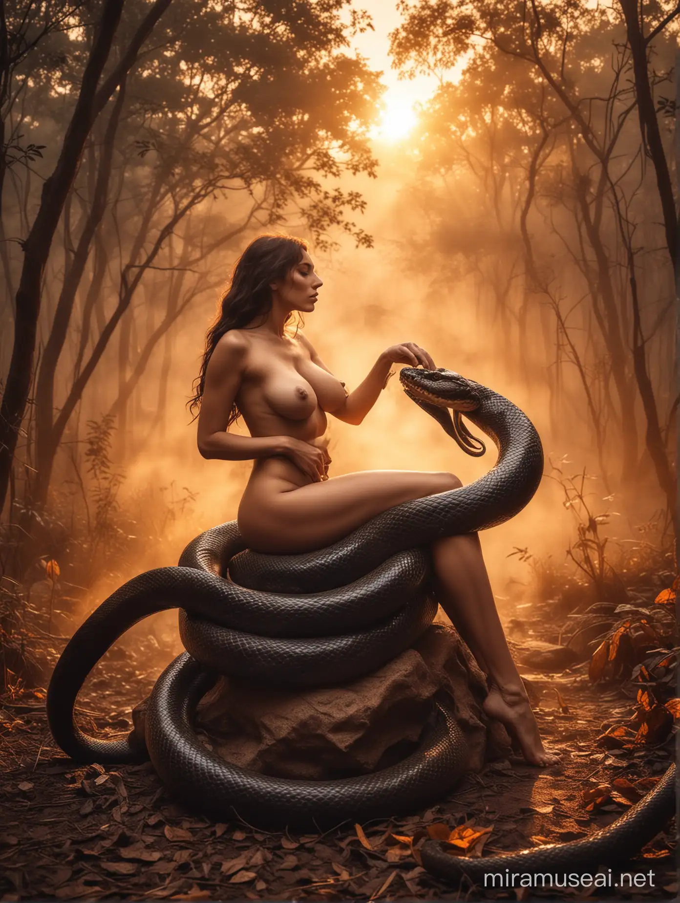 Nude Woman Attacked by Giant Snake in Enchanted Forest Scene