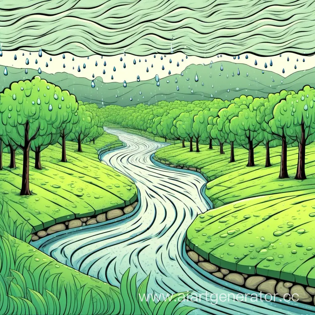 мультяшный пейзаж с речкой на которой идёт дождь