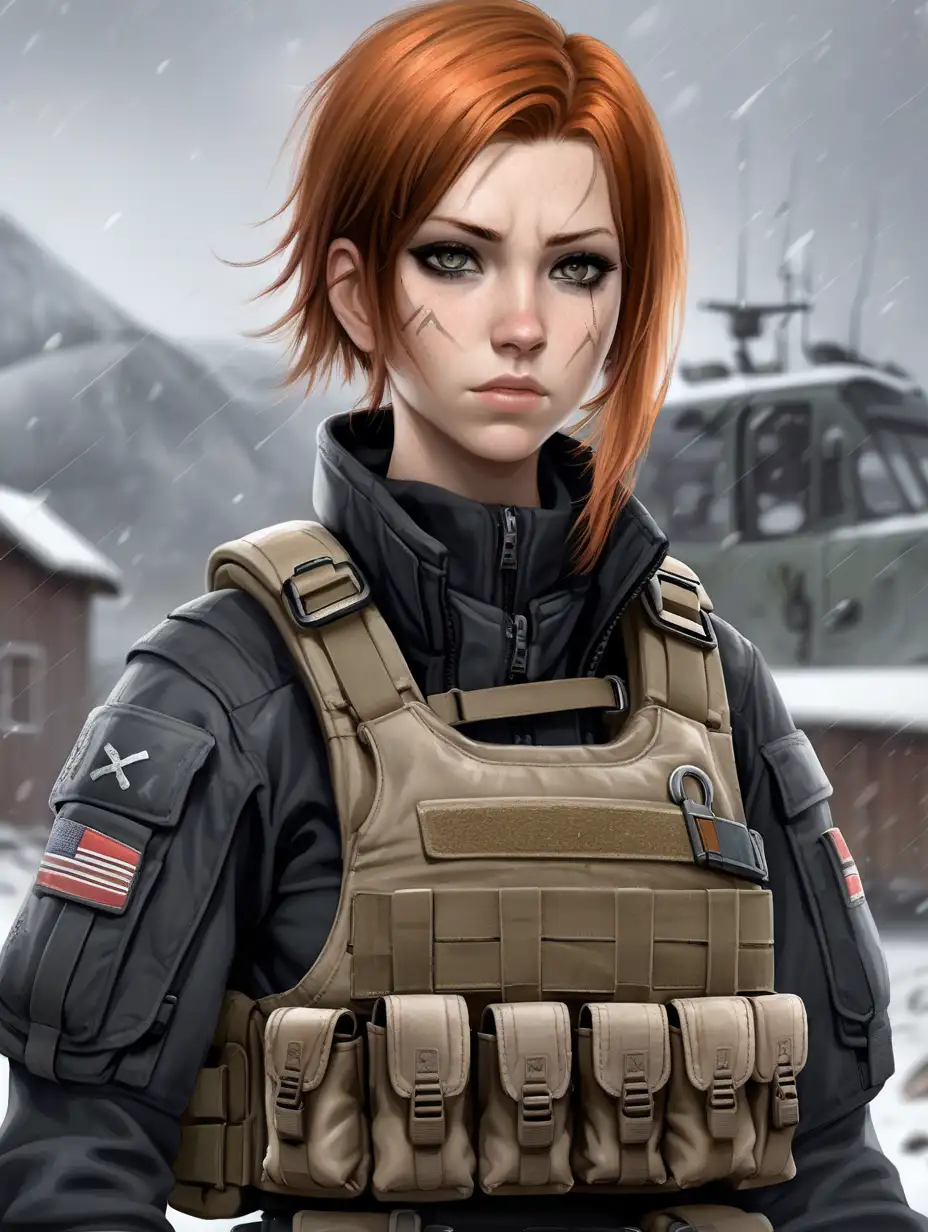 Young Norwegian commando woman. She has auburn hair. She has an extremely short tomboy hairstyle similar to what Maya has in Borderlands 2. Her matte black uniform jacket fits perfectly under her plate carrier rig. She has faded black eyeshadow. She has pale skin. She is wearing a plate carrier rig with a lot of pouches and shoulder straps. Background scene is a war torn Nordic village in a torrential snowstorm. Her uniform fatigues have a chin high collar wind gaiter top. Her plate carrier rig is drab brown colored. Her matte black uniform is warm.