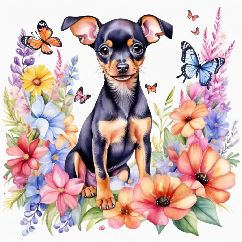 Vibrant Watercolor Miniature Pinscher Puppy Surrounded by Flowers and Butterflies