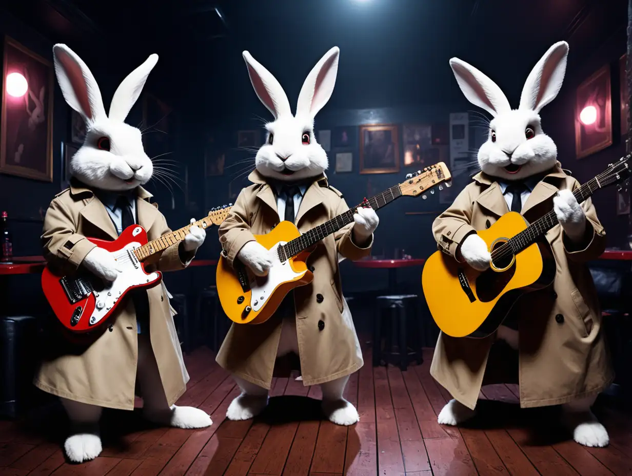 3 rabbits in trench coats playing guitars in a night club